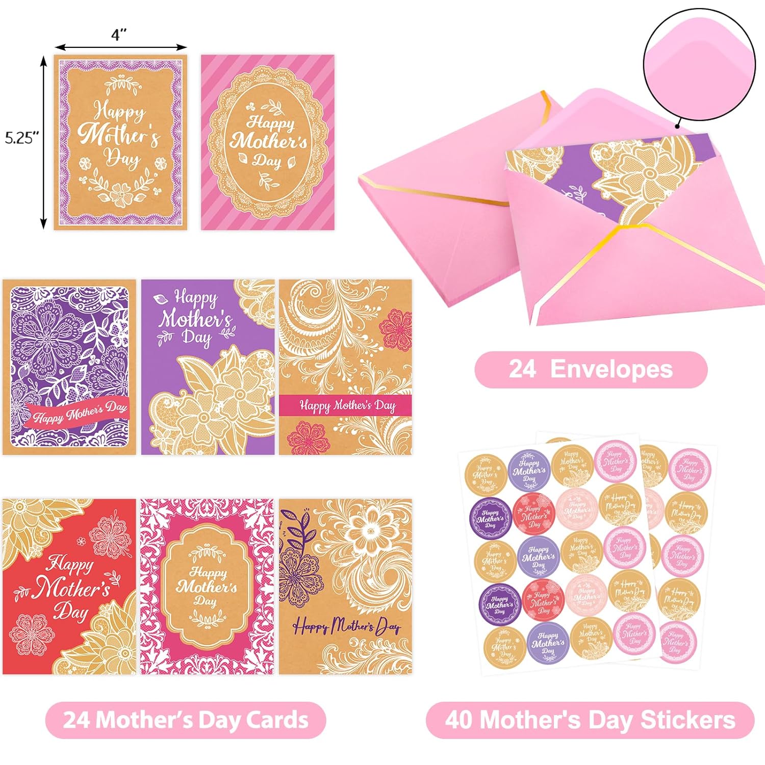 Macrame Mothers Day Cards Kraft Bulk 24 Pack Floral Happy Mother’S Day Greeting Card With Envelopes Gift For Mom