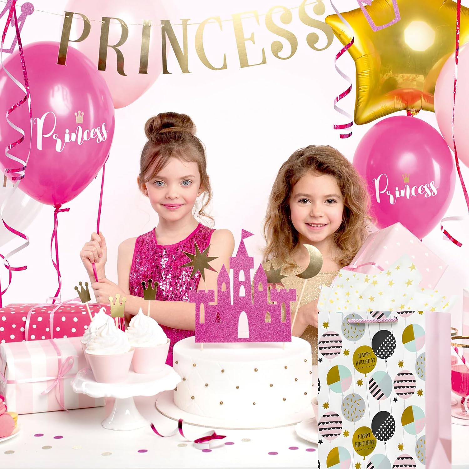 12.6" Medium Happy Birthday Gift Bag With Handles For Women Mom Girls Baby Kids Pink Paper Gift Wrap Bags For Her With Tissue Paper,1Pcs