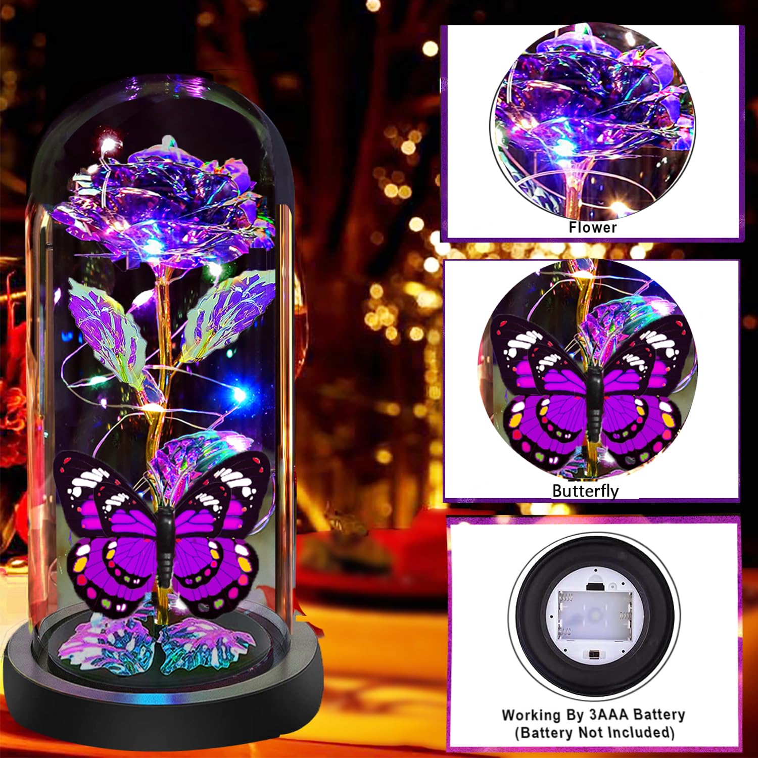 Valentines Rose Glass Flowers Gifts For Her, Galaxy Crystal Light Up Rose In A Glass Dome, Valentines Day Gifts For Wife Mom Girlfriend, Butterfly Birthday Gifts For Women, Purple Presents