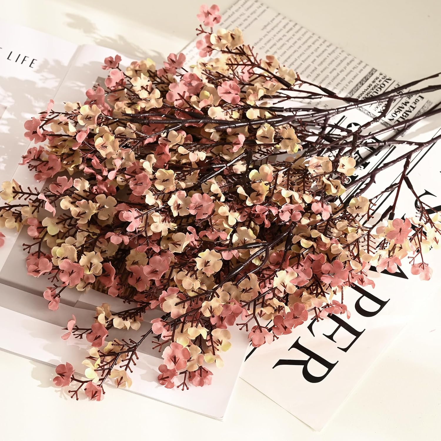 6Pcs Fake Flowers Babys Breath Silk Artificial Flowers Gypsophila Bouquets Bulk Real Touch Fall Stems For Home Boho Living Room Bedroom Decor Diy Floral Arrangement, Beige Brown