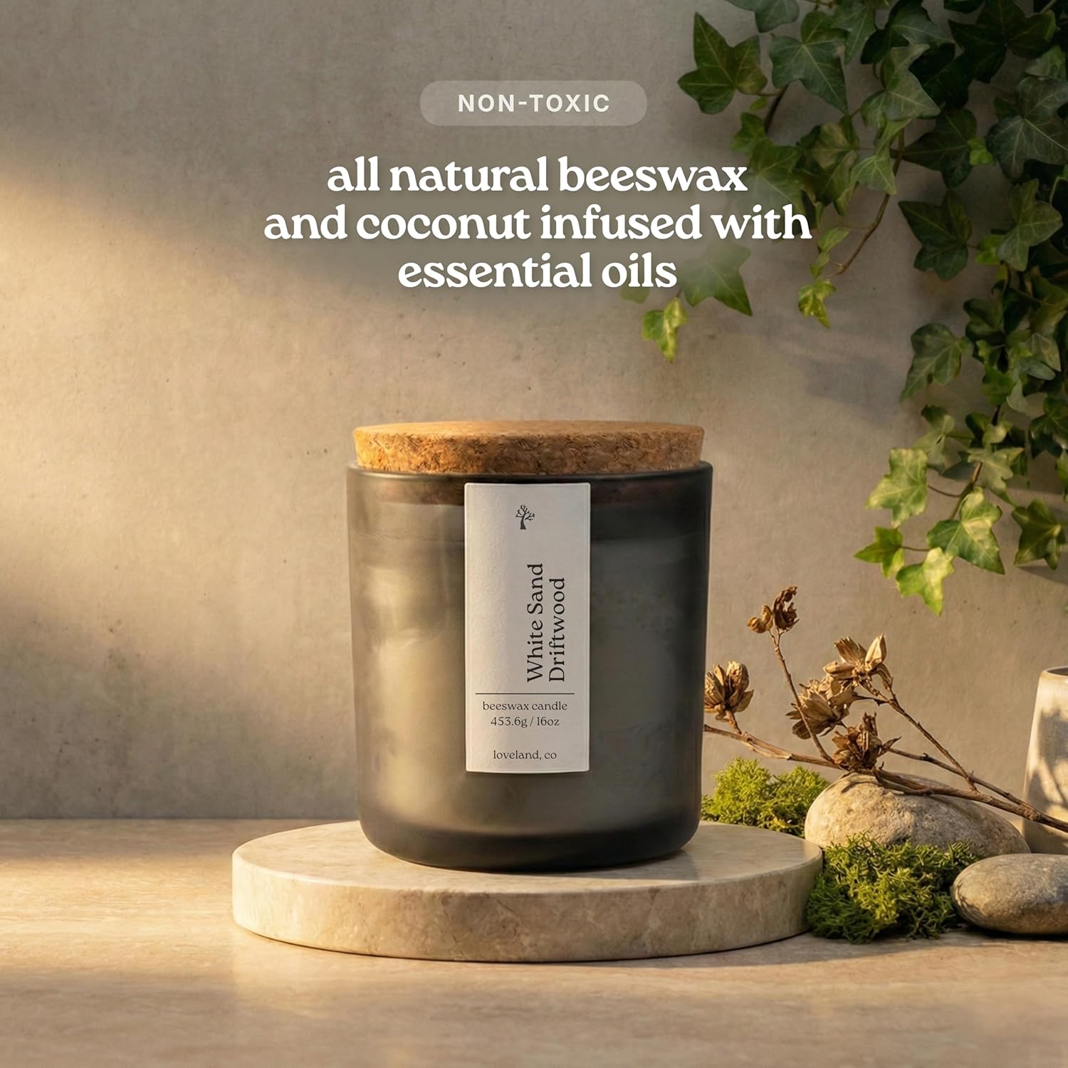 Luxury Beeswax Candle, 16Oz | Long Burning Pure Beeswax Candles, Non Toxic, Natural, Clean, Scented Organic Candles, Glass Jar, Cork Lid - White Sand Driftwood