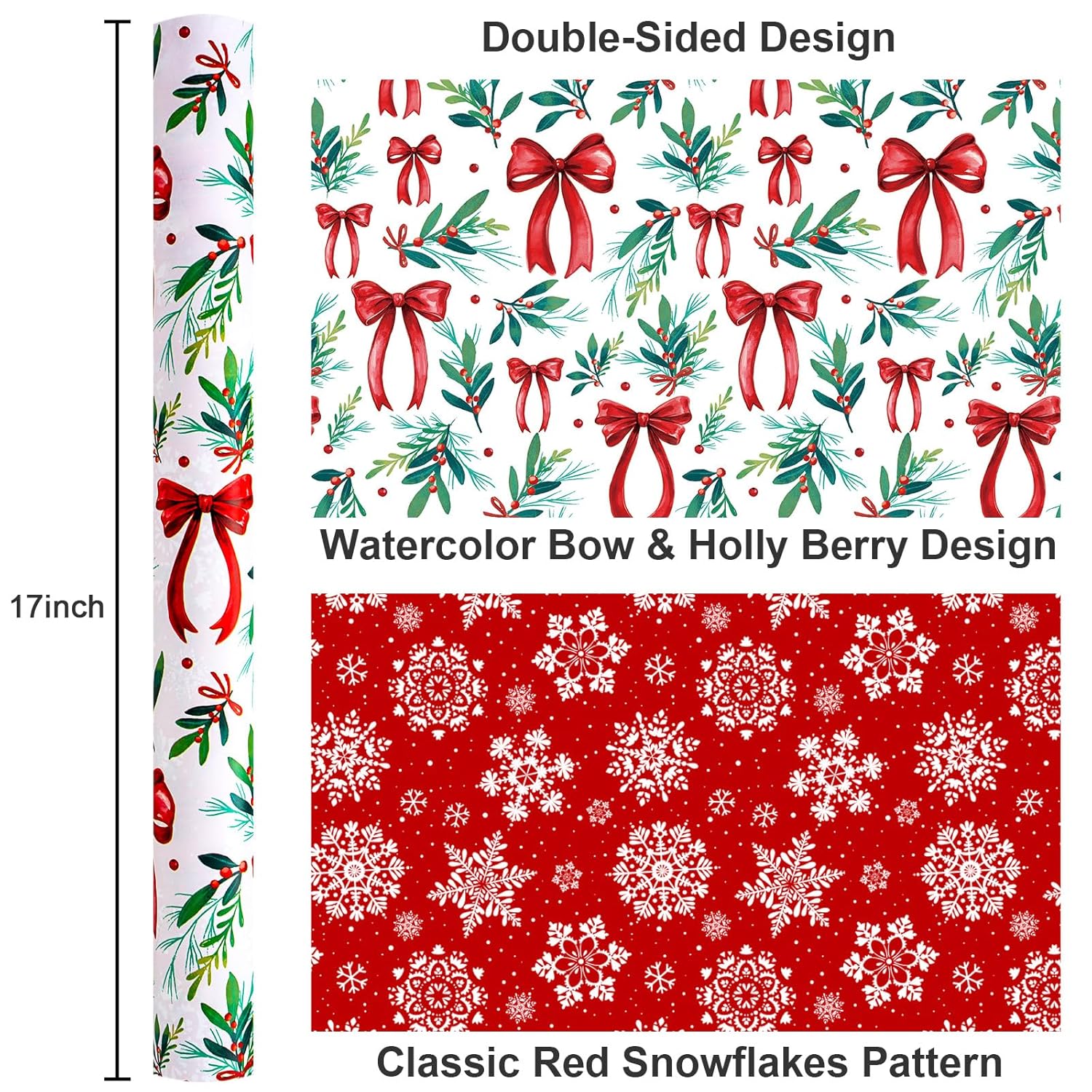 Christmas Wrapping Paper Roll, Red And Green Wrapping Paper, Reversible Elegant Watercolor Holly, Bow, Snowflake Christmas Themed Holiday Gift Wrap For Winter Celebrations (17 Inch X 33 Feet)