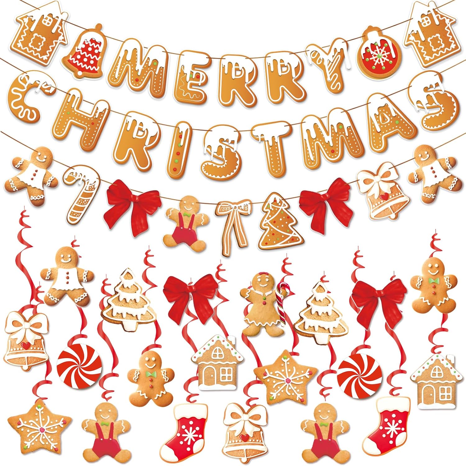Merry Christmas Banners Gingerbread Theme, Pre-Strung Xmas Party Decorations, With 20 Pcs Gingerbread Men Hanging Swirls For Office Celebrations, School Events, Home Holiday Indoor Decor