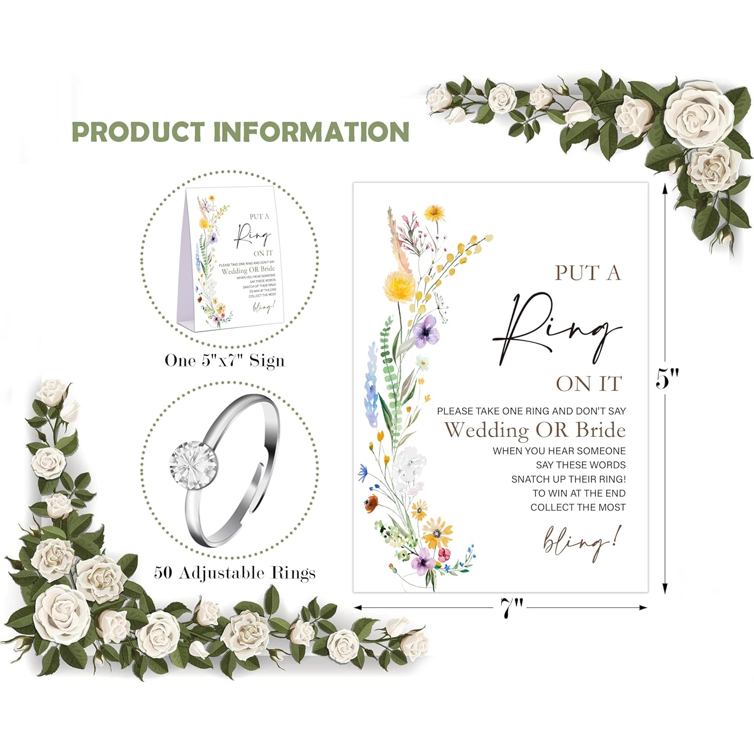 Boho Wildflower Don'T Say Bride Or Wedding Game, Put A Ring On It Bridal Shower Game With 50 Fake Rings, Bridal Shower Decorations, Wedding Shower Or Bachelorette Party Supplies - 14
