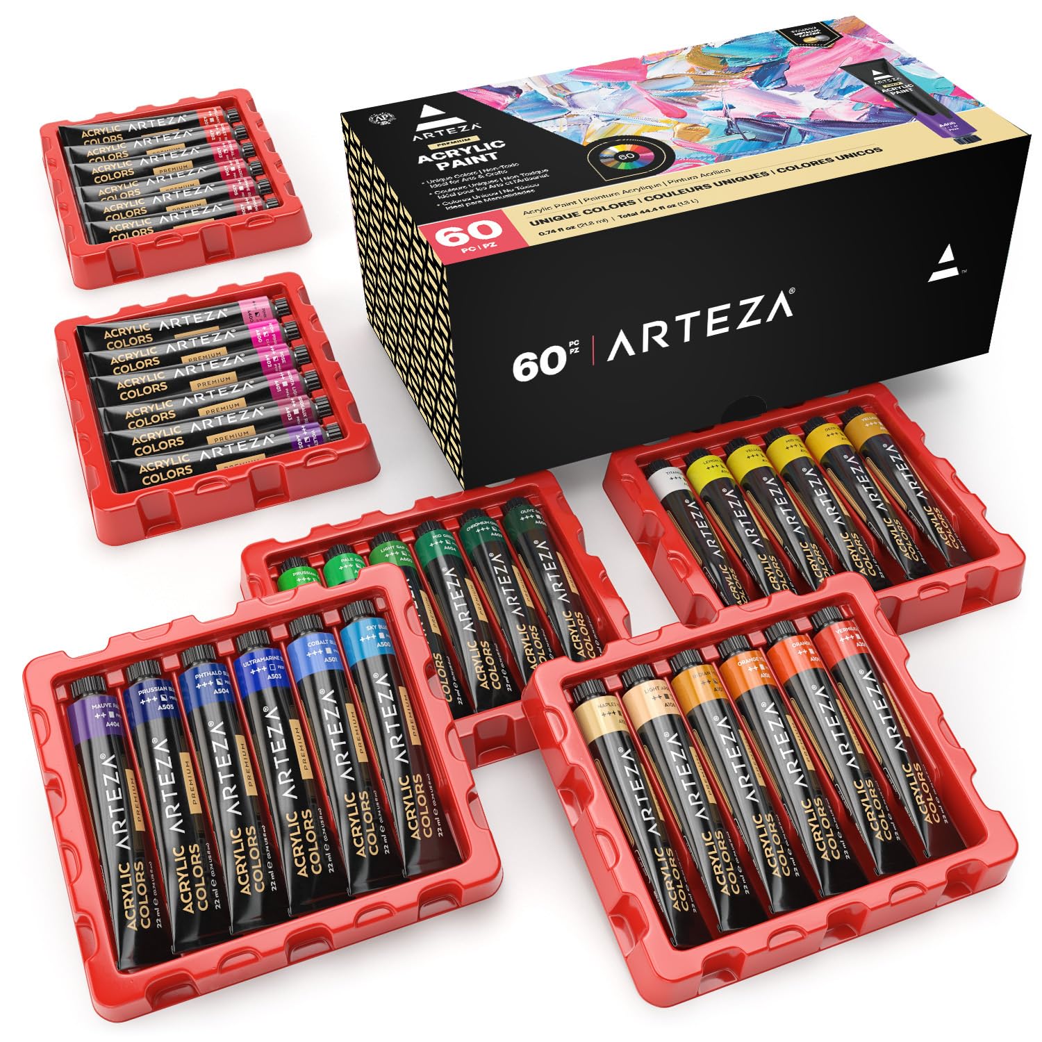 Acrylic Paint Set, 60 Colors (0.74 Oz Tubes) – High-Viscosity, Richly Pigmented Acrylic Paints With 5 Metallic Colors For Canvas, Wood & Mixed Media