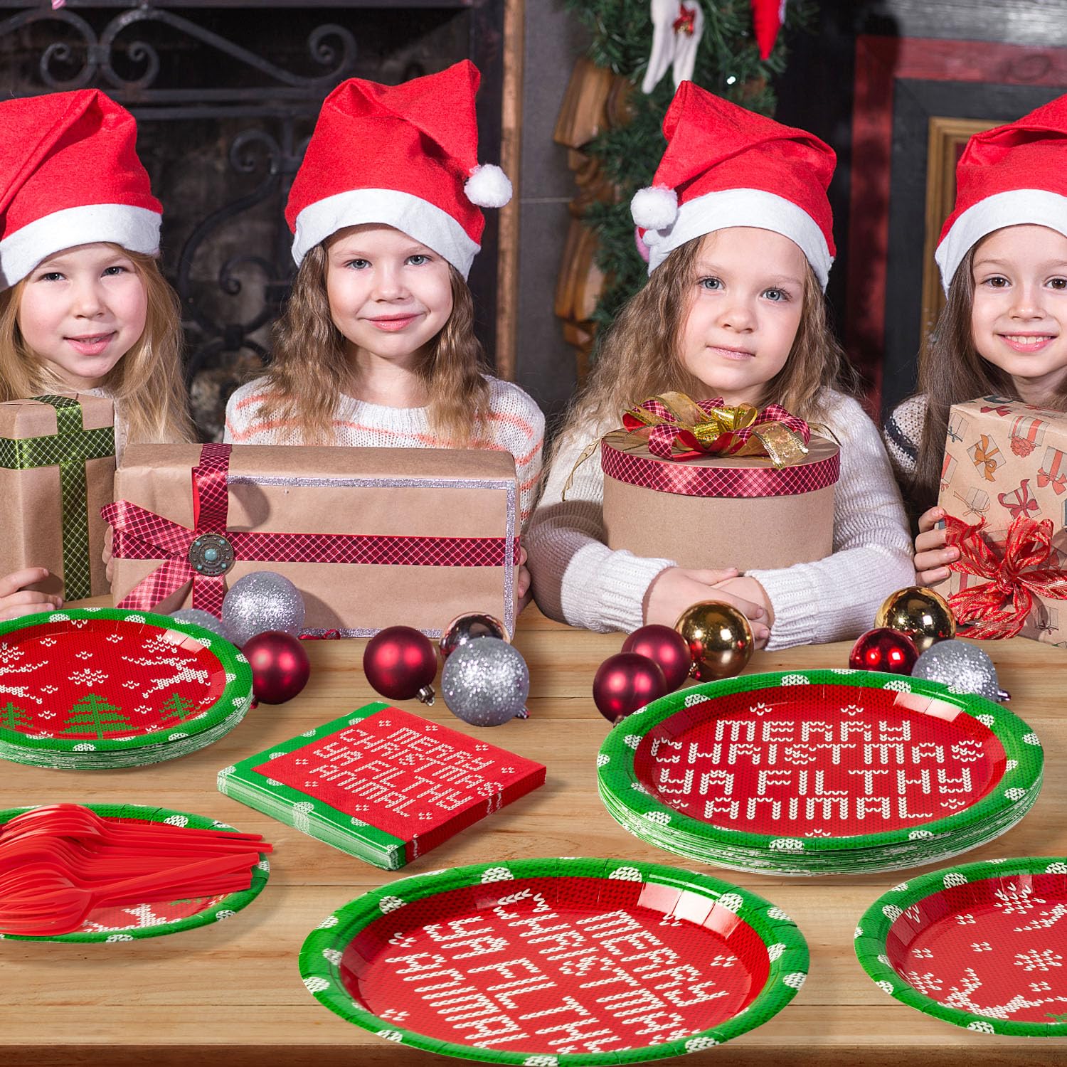 Christmas Plates Napkins Tableware - 96Pcs Funny Xmas Movie Party Forks Dinnerware Set Decoration Supplies, Merry Christmas Ya Filthy Animal Disposable Tableware Favor For Holiday (24 Guests)