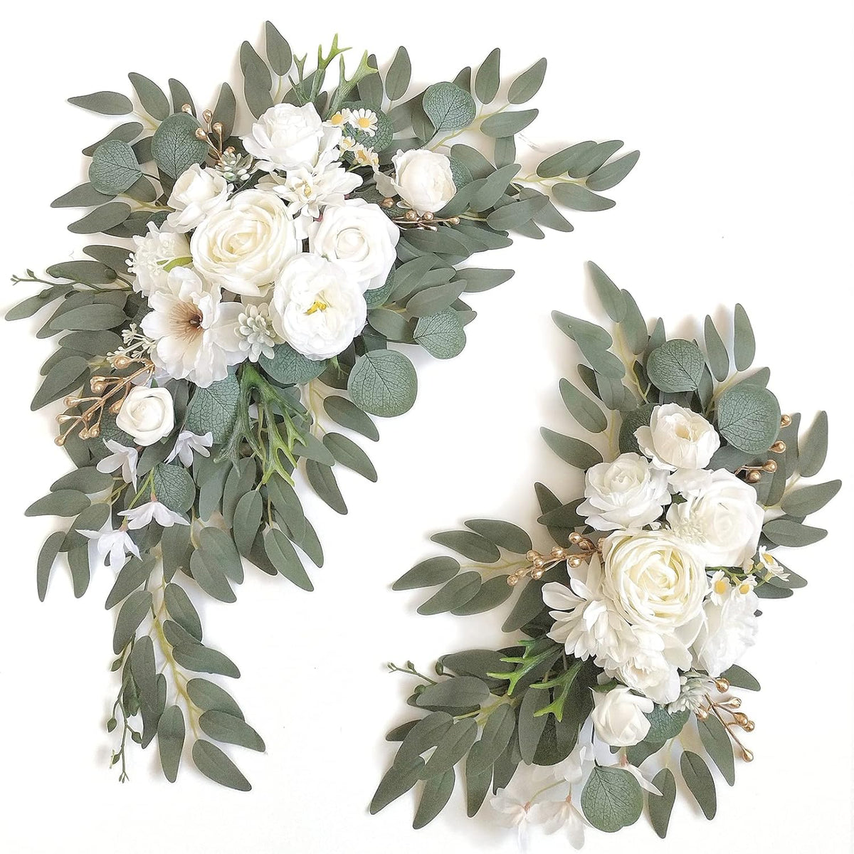 Faux Arch Flower Swag Set Of 2 For Wedding Welcome Signs Floral Swag Wedding Reception Ceremony Signs Decor (White)