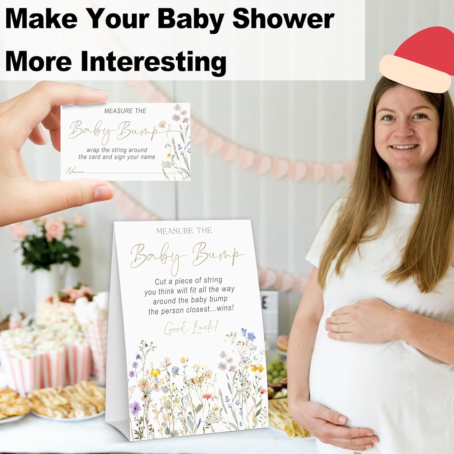 How Big Is Mommys Belly Game, Baby In Bloom Measure The Baby Bump Baby Shower Game, Spring Floral Baby Shower Party Decorations, 1 Sign & 50 Guess Cards-A01