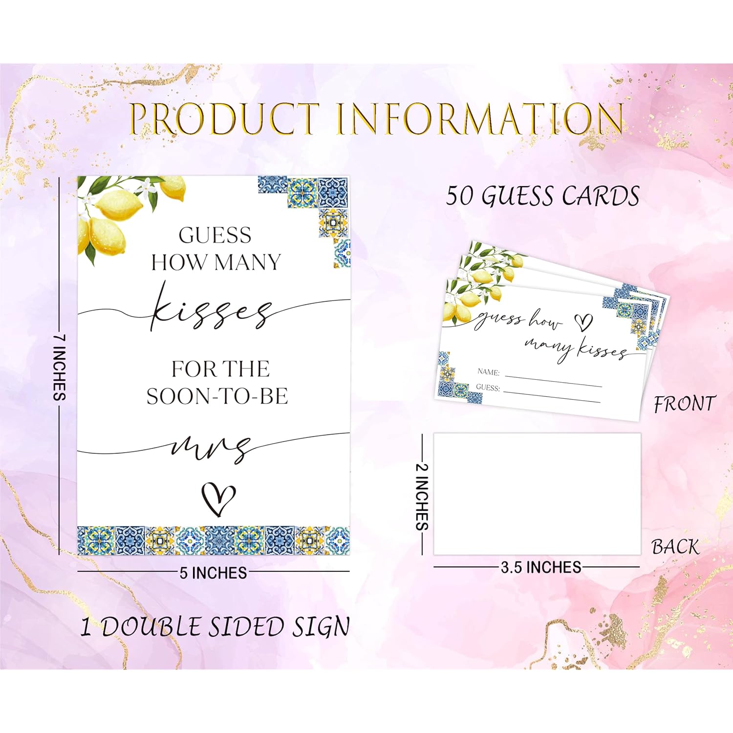 Blue Tiles And Lemons Bridal Shower Game, Guess How Many Kisses For The Soon To Be Mrs, Pack Of 1 Sign And 50 Guessing Cards, Modern Bridal Shower Decorations, Wedding Shower Supplies - 02