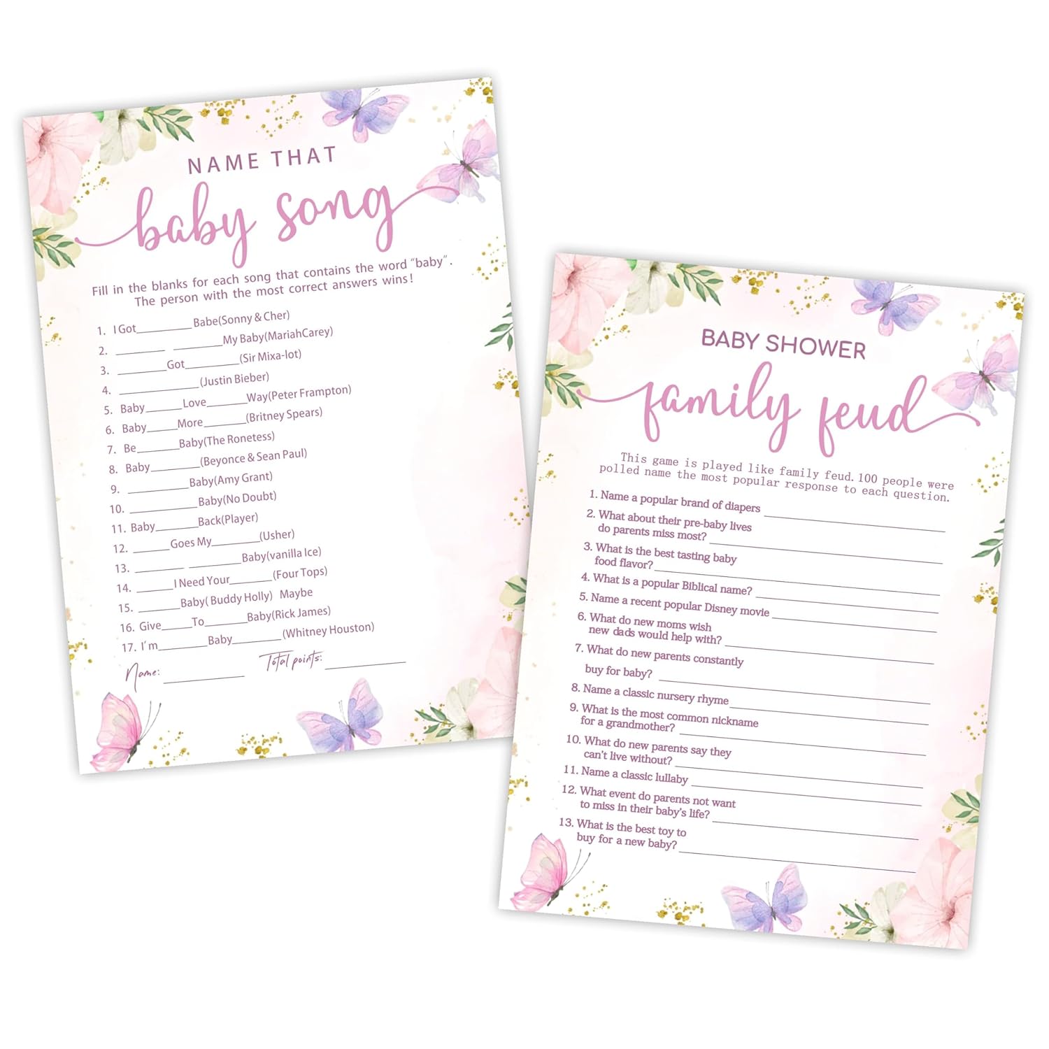 5" X 7" Floral Baby Shower Double-Sided Game Cards With Answer Card - 50 Name That Baby Song & Family Feud - 2 Games, Gender Reveal Game Cards - Party Decor & Supplies - A05