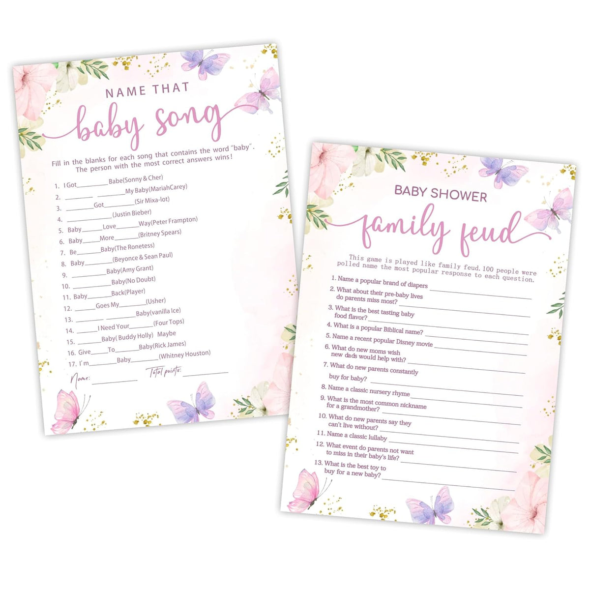 5" X 7" Floral Baby Shower Double-Sided Game Cards With Answer Card - 50 Name That Baby Song & Family Feud - 2 Games, Gender Reveal Game Cards - Party Decor & Supplies - A05