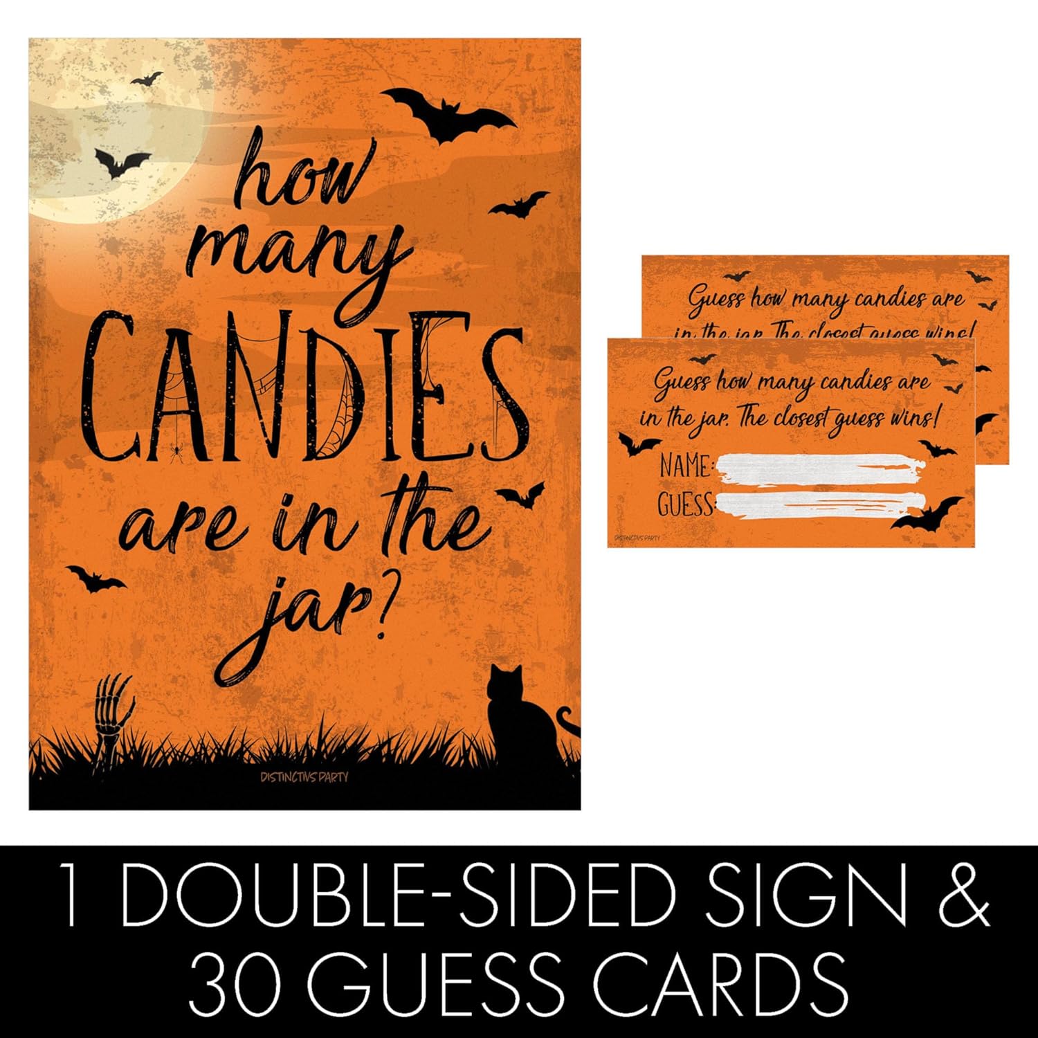 Halloween Party Game - Guess How Many Candies Are In The Jar Party Activity (1 Sign & 30 Guessing Cards)