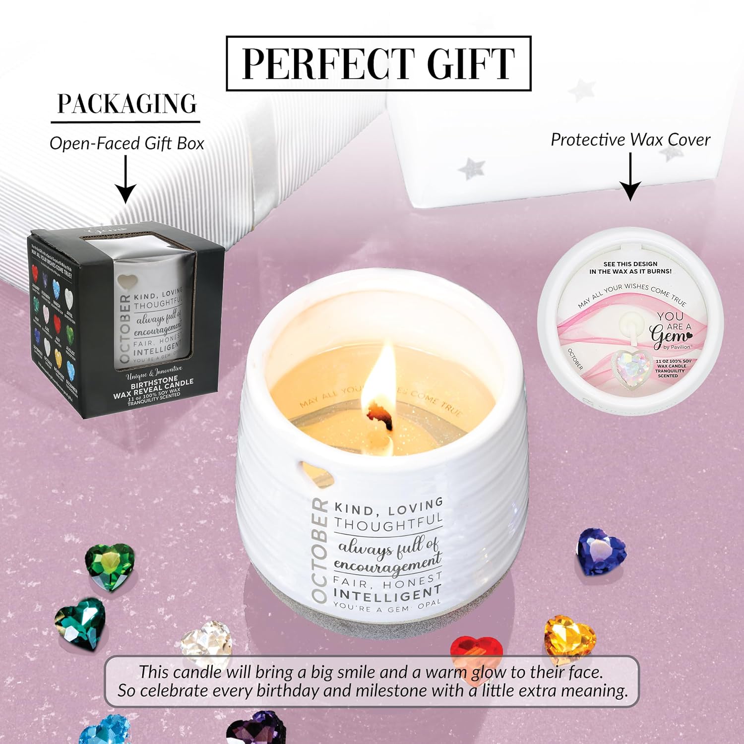 Pavilion Gift Company - October 11 oz Wax Reveal Candle, Natural Soy Wax Birthstone Candle, Jasmine Scented, Gemstone Candle with Crystal Inside, Birthday Gifts for Women, 1 Count