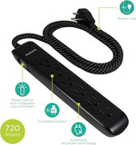 Surge Protector Power Strip 6 Outlets 4FT Braided Cord 720J Flat Plug Black