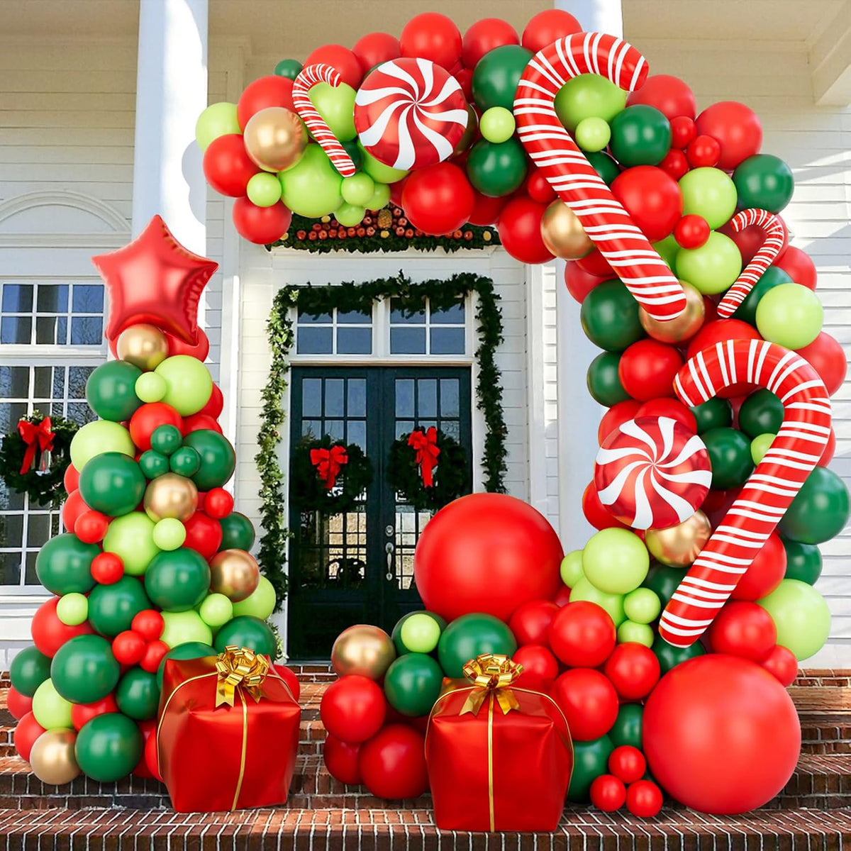 144 Piece Christmas Balloon Garland Arch Kit With Xmas Red Gold Fresh Green And Dark Green Balloon Candy Balloons Gift Box Balloons Red Star Balloons For Christmas Party Decorations