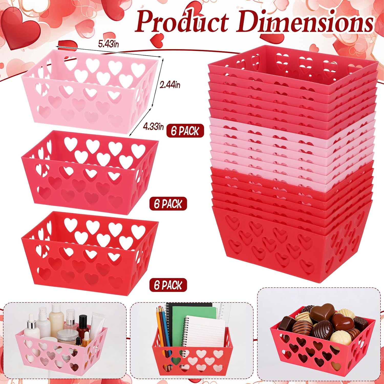 18 Pcs Pink Red Valentine'S Day Baskets, 5.51 X 4.33 X 2.44 Small Heart Hollowed Plastic Food Fruit Bread Valentine Baskets Bulk Empty Love Gift Container Storage Bins For Valentine'S Day Party Favor