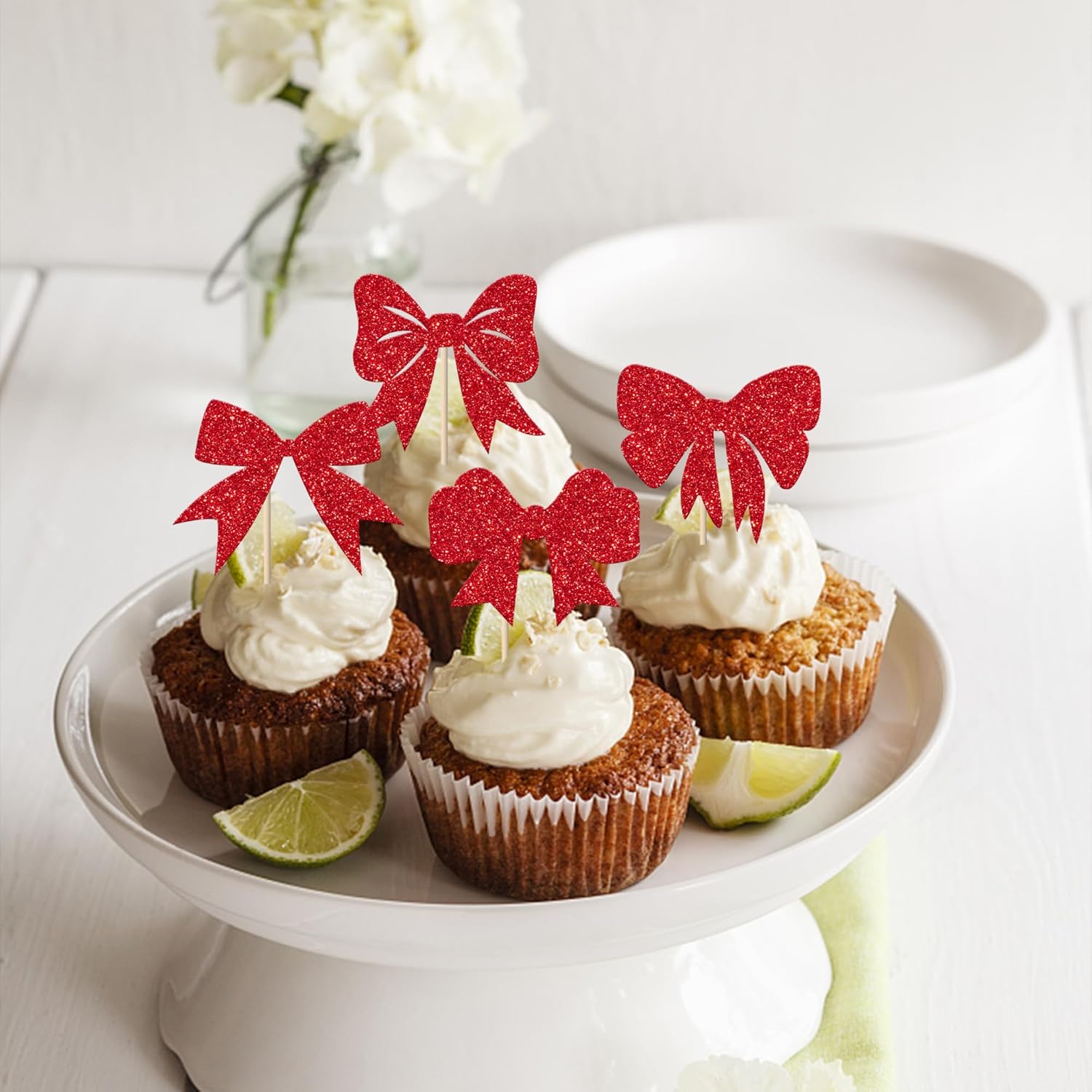 24 Pack Bow Cupcake Toppers Christmas Bowknot Themed Birthday Cupcake Picks Decorations For Merry Christmas Baby Shower Birthday Wedding Party Decorations