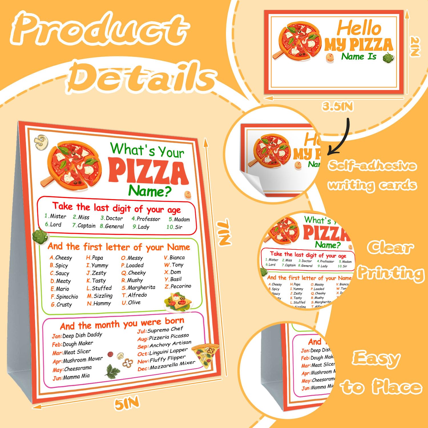 Funny Pizza Theme Game Cards Set, What'S Your Pizza Name Game, Including 1 Sign And 30 Stickers, Perfect For Birthday Party Activities