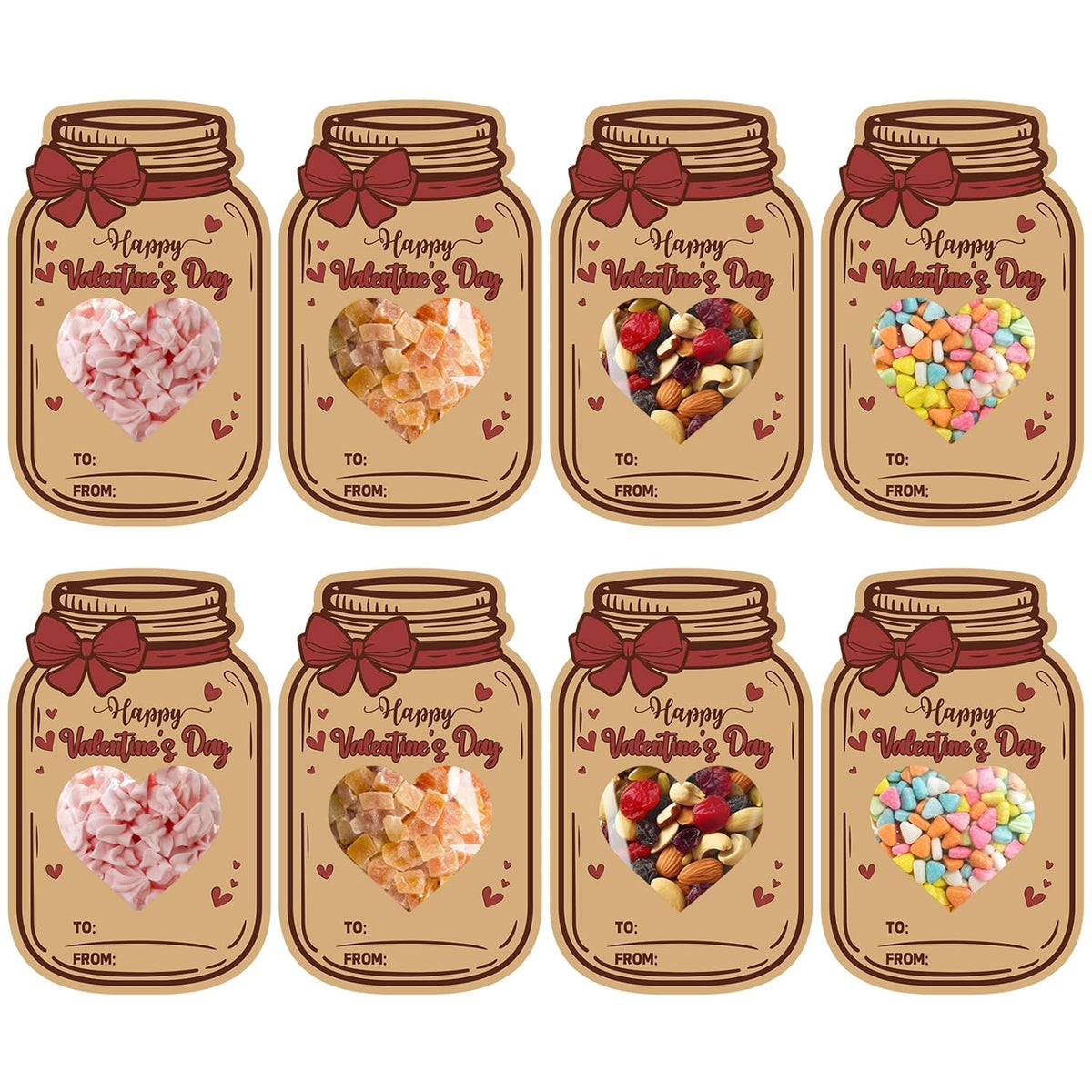 Valentines Day Cards, 50Pack Happy Valentine’S Day Mason Jar Cards With Treat Bags, Heart Cutout Blank Card For Classroom Valentines, Kids Exchange Cards & Valentine Party Favors