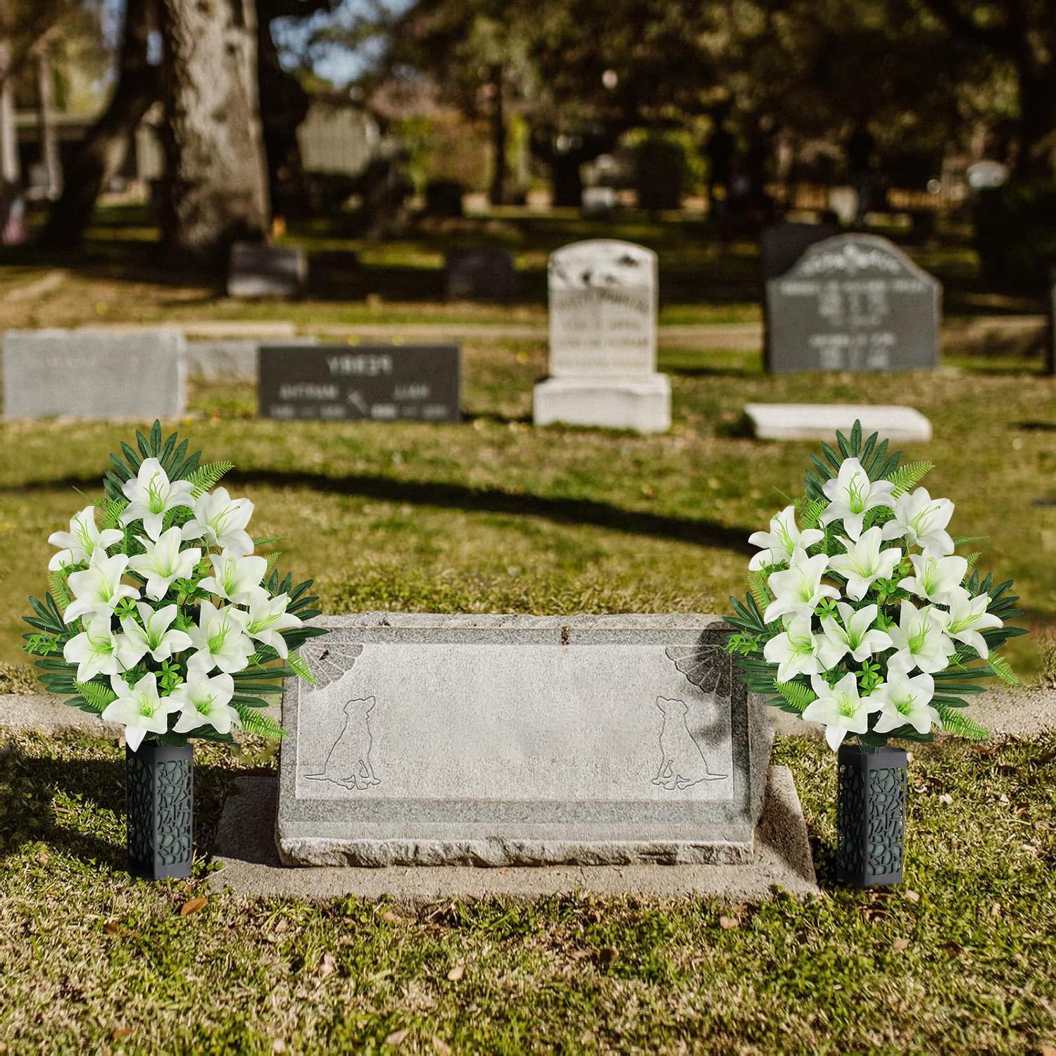 Artificial Cemetery Flowers For Grave, Set Of 2 Silk White Faux Lily Bouquet Flower Outdoor Graveyard Memorial Flowers For Cemetery Headstones Decoration
