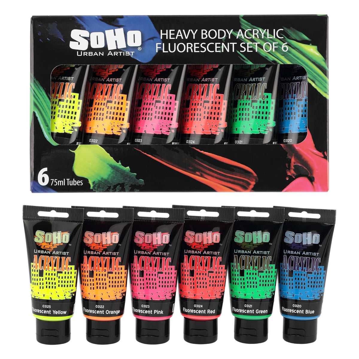 Heavy Body Acrylic Paint - Set Of 6-75Ml - Fluorescent - Thick, Rich Color, Excellent Coverage, Professional Quality - Artists Acrylic Paint