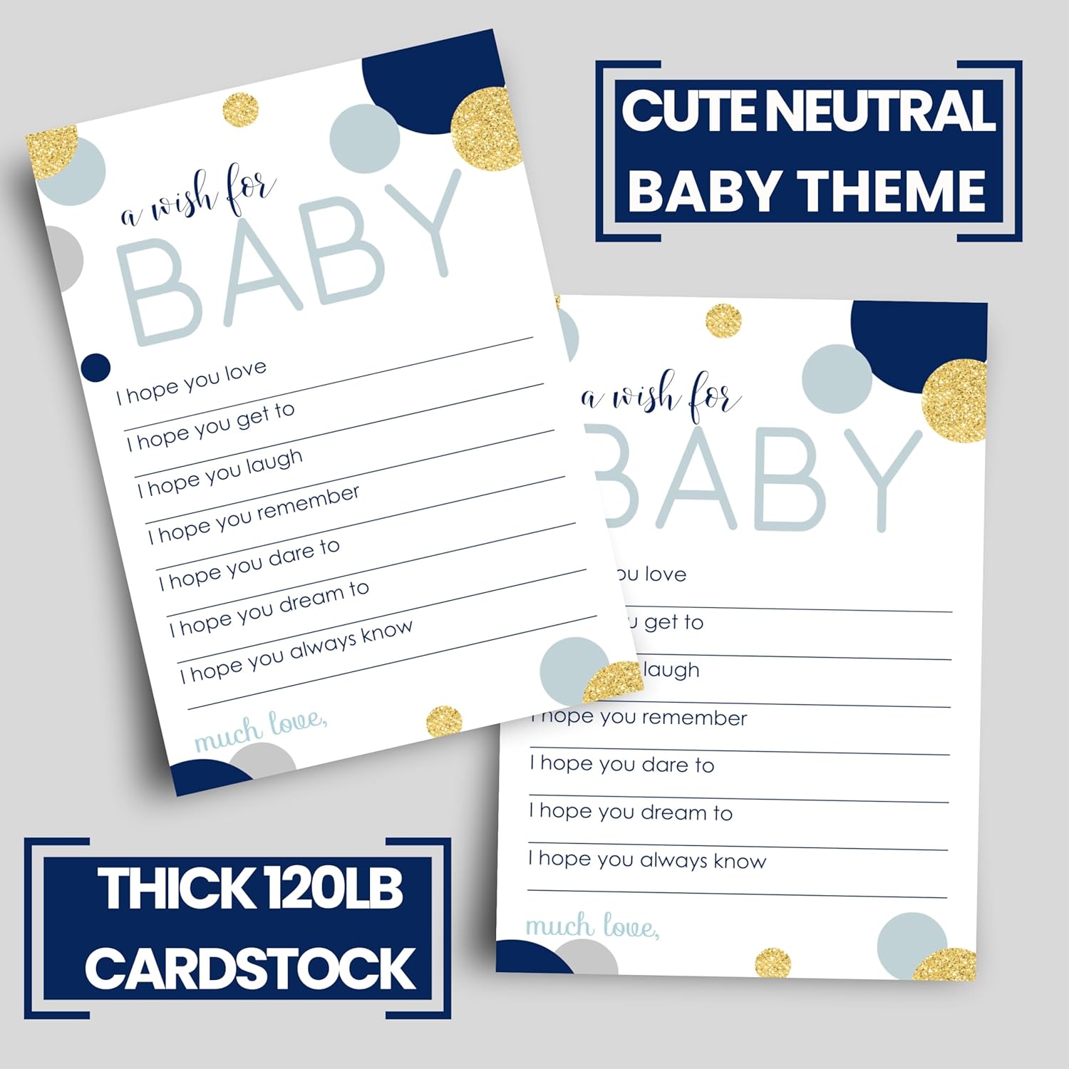 Navy And Gold Wishes For Baby Shower (20 Pack) Cute Words Of Wisdom For Boys - Creative Guest Book Alternative & Keepsake Activity For Baby Showers, Birthday Celebrations - 4X6 Cards