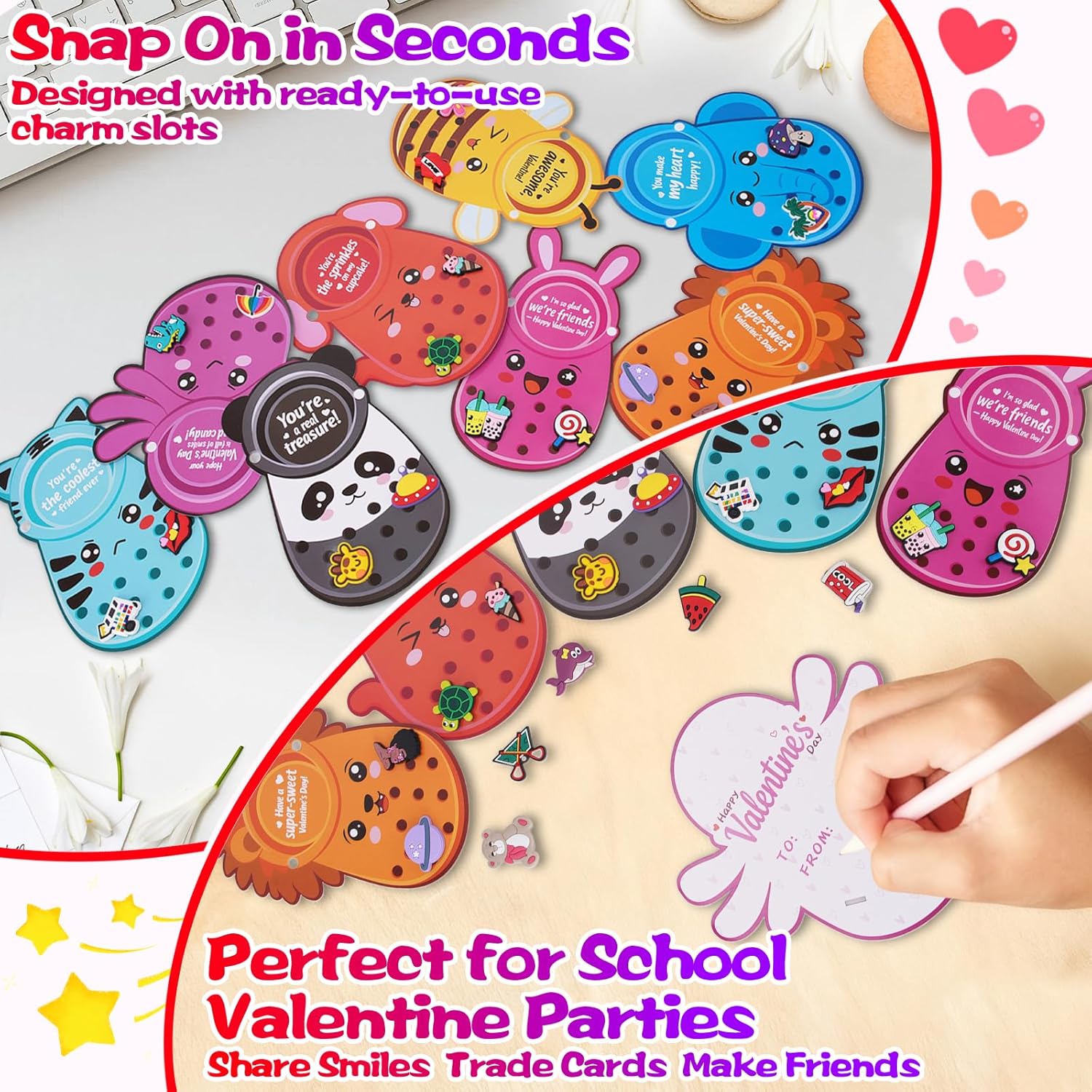 150Pcs Valentines Day Cards Sets For Kids School Classroom, 50 Pcs Cute Animal Valentine'S Cards With 100 Pcs Shoe Charms Bulk Gifts For Kids Boys Girls, Kid’S Happy Valentines Day Exchange Cards