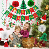 Merry Christmas Hanging Banner Pom Poms Paper Flower Fan Paper Christmas Tree Christmas Hat&Swirl Streamers For Merry Christmas Party Decorations