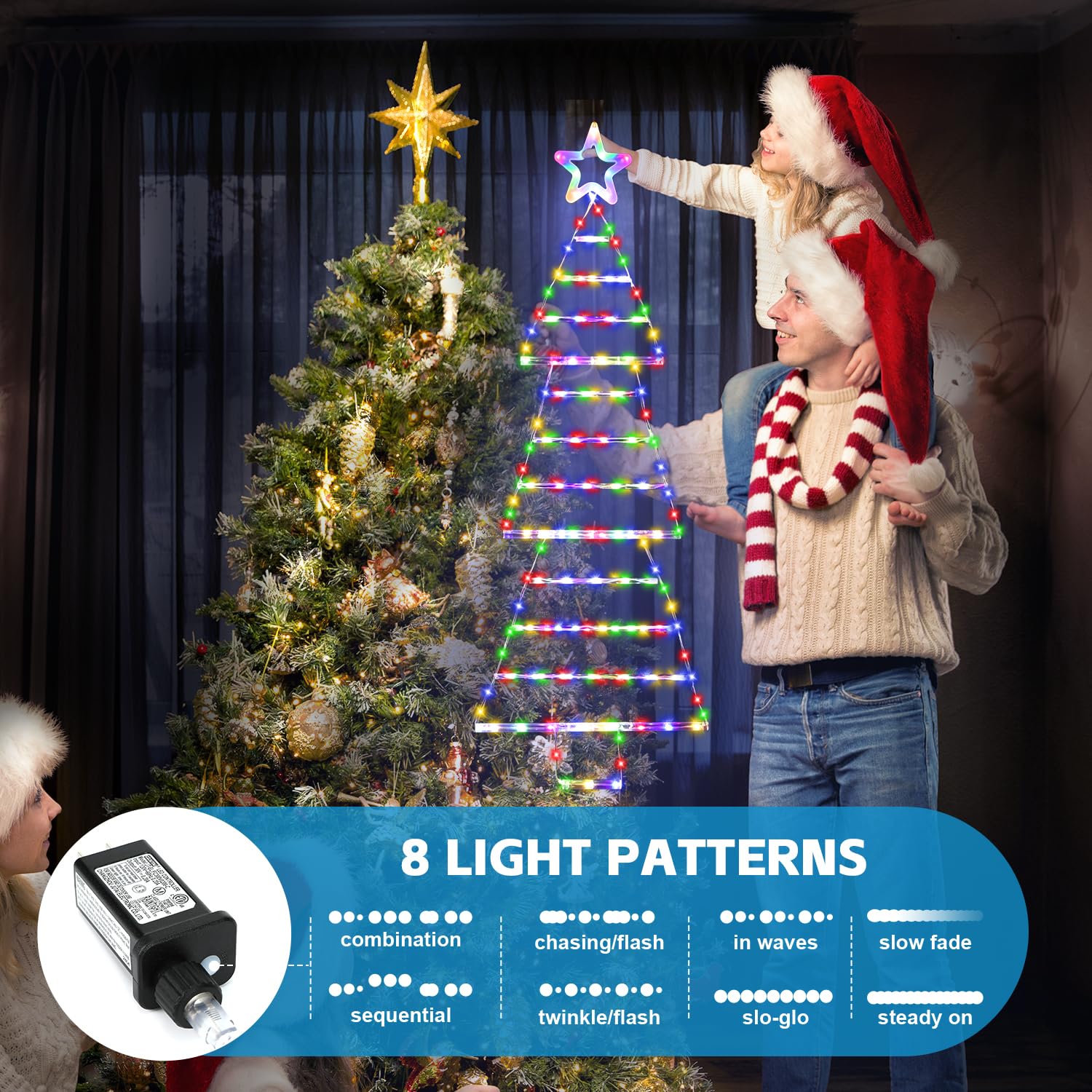 Led Christmas Lights Outdoor,4.6Ft 189 Led Christmas Tree Ladder Light With Star Topper 8 Modes Christmas Decorations Li