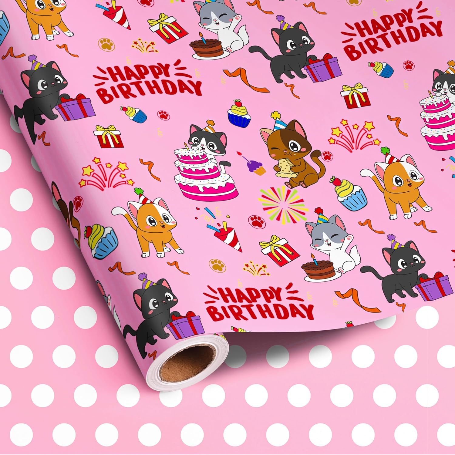 Reversible Cat Birthday Wrapping Paper Roll For Kid'S Girl'S - Cute Cat, Paw Print & Dot On Pink Design Gift Wrap For Birthday, Holiday, Baby Shower - 17 In X 20 Ft(Total 28.5Sq.Ft)