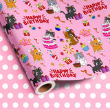 Reversible Cat Birthday Wrapping Paper Roll For Kid'S Girl'S - Cute Cat, Paw Print & Dot On Pink Design Gift Wrap For Birthday, Holiday, Baby Shower - 17 In X 20 Ft(Total 28.5Sq.Ft)