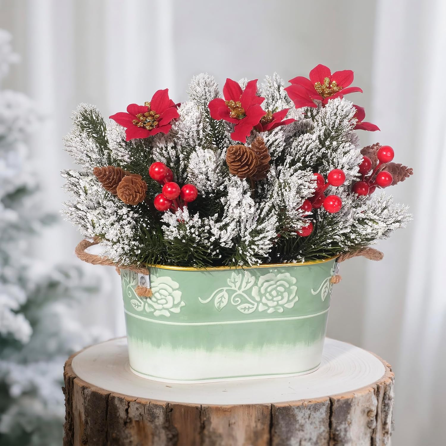 Christmas Table Centerpiece With Artificial Red Poinsettias, Snowy Norfolk Pine, Berries & Pine Cones – Lifelike Holiday Floral Arrangement In Green Metal Planter For Xmas Table Decoration