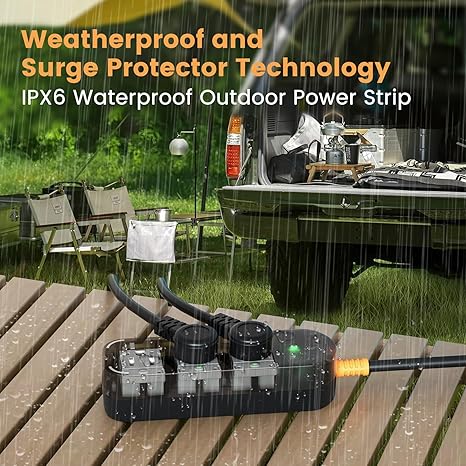 Outdoor Waterproof Power Strip 3 Outlets 6FT Weatherproof Extension Cord with Overload Protection