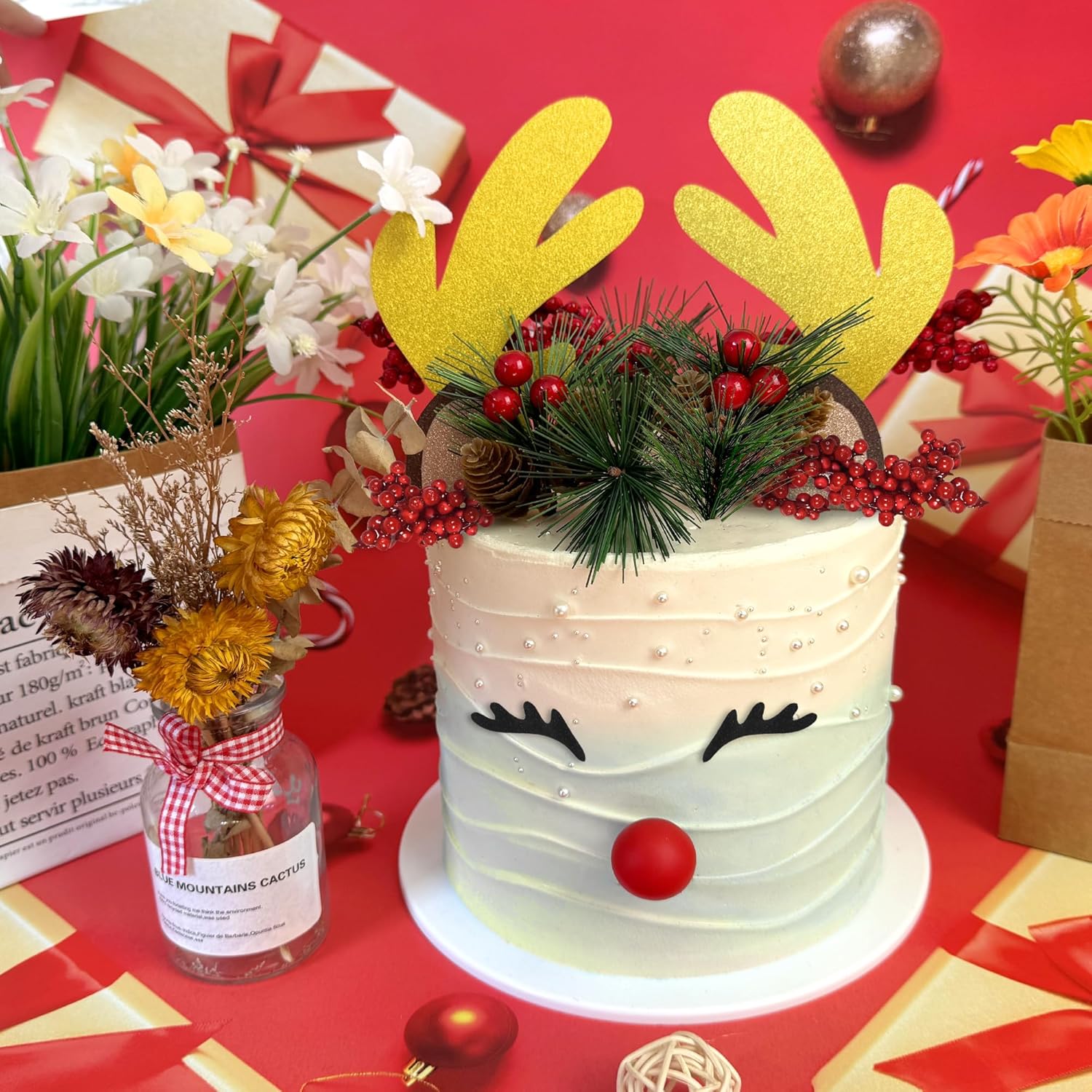 Christmas Cake Topper Decorations With Reindeer Eyelashes Ears For Merry Christmas Happy New Year Theme Decoration Supplies