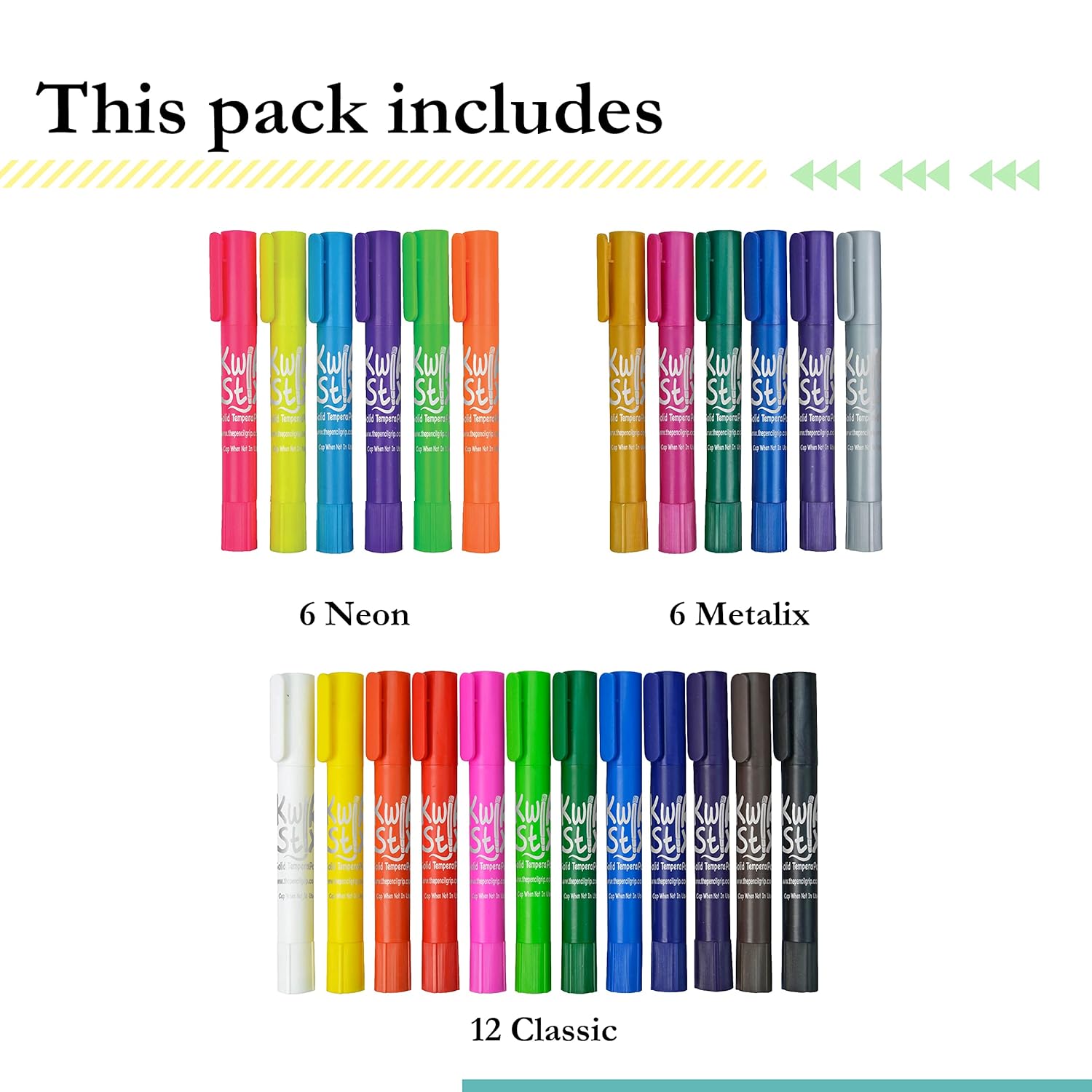 Solid Tempera Paints, Thin Stix Paint Pens, Super Quick Drying, 6 Neon, 6 Metalix & 12 Classic Vibrant Colors - 24 Pack - Tpg-620