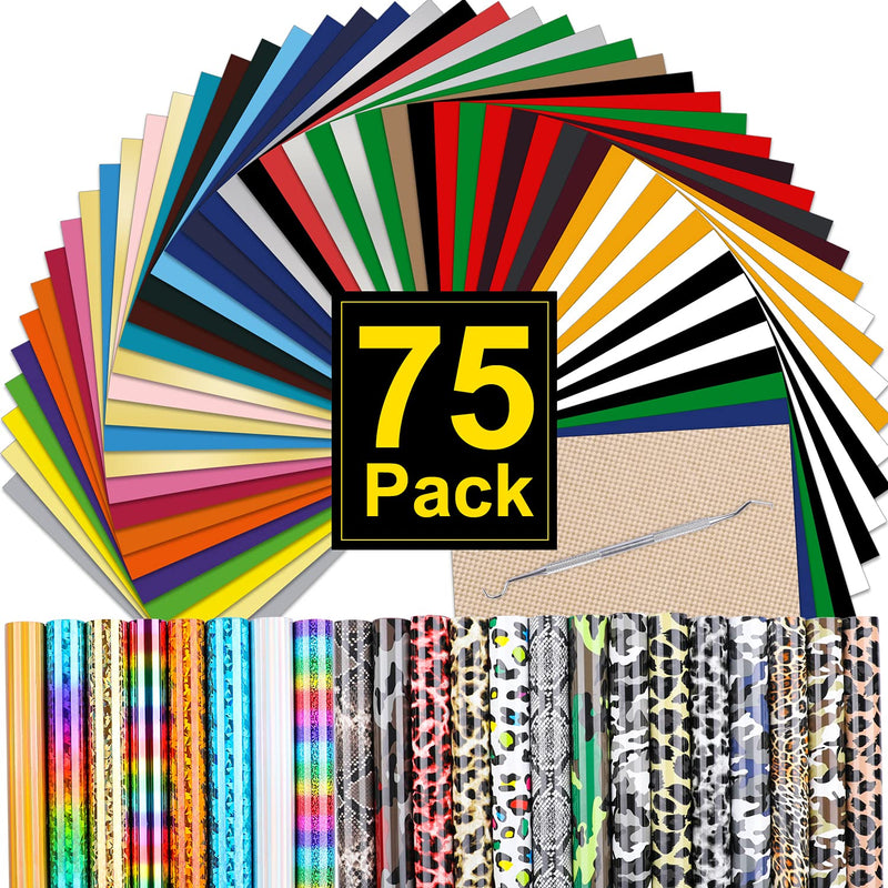 Htv Heat Transfer Vinyl Bundle: 75 Pack 12" X 10" Iron On Vinyl For T-Shirt, 5