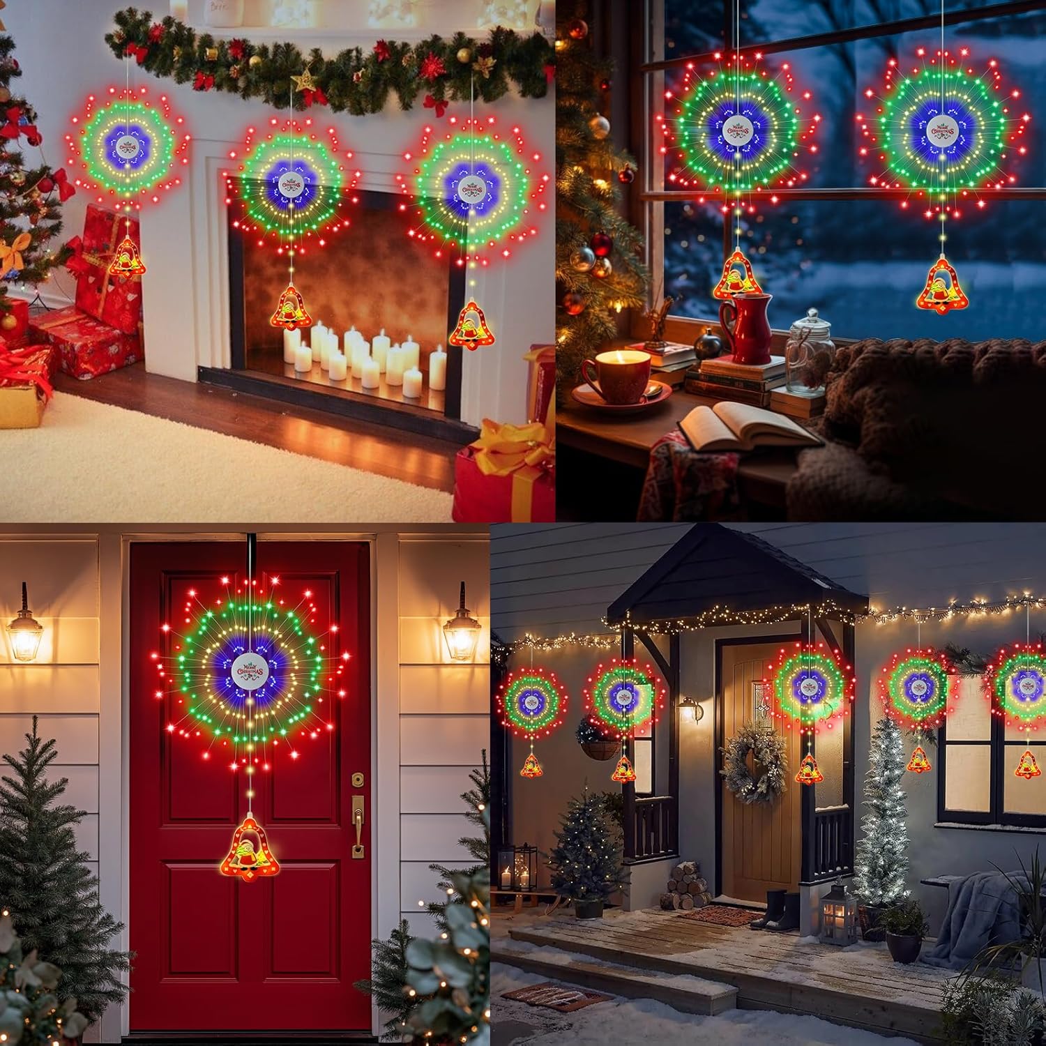 Christmas Window Decorations Lights With Bell 192 Led Firework Lights 8 Modes Battery Operated Christmas Light With Remo