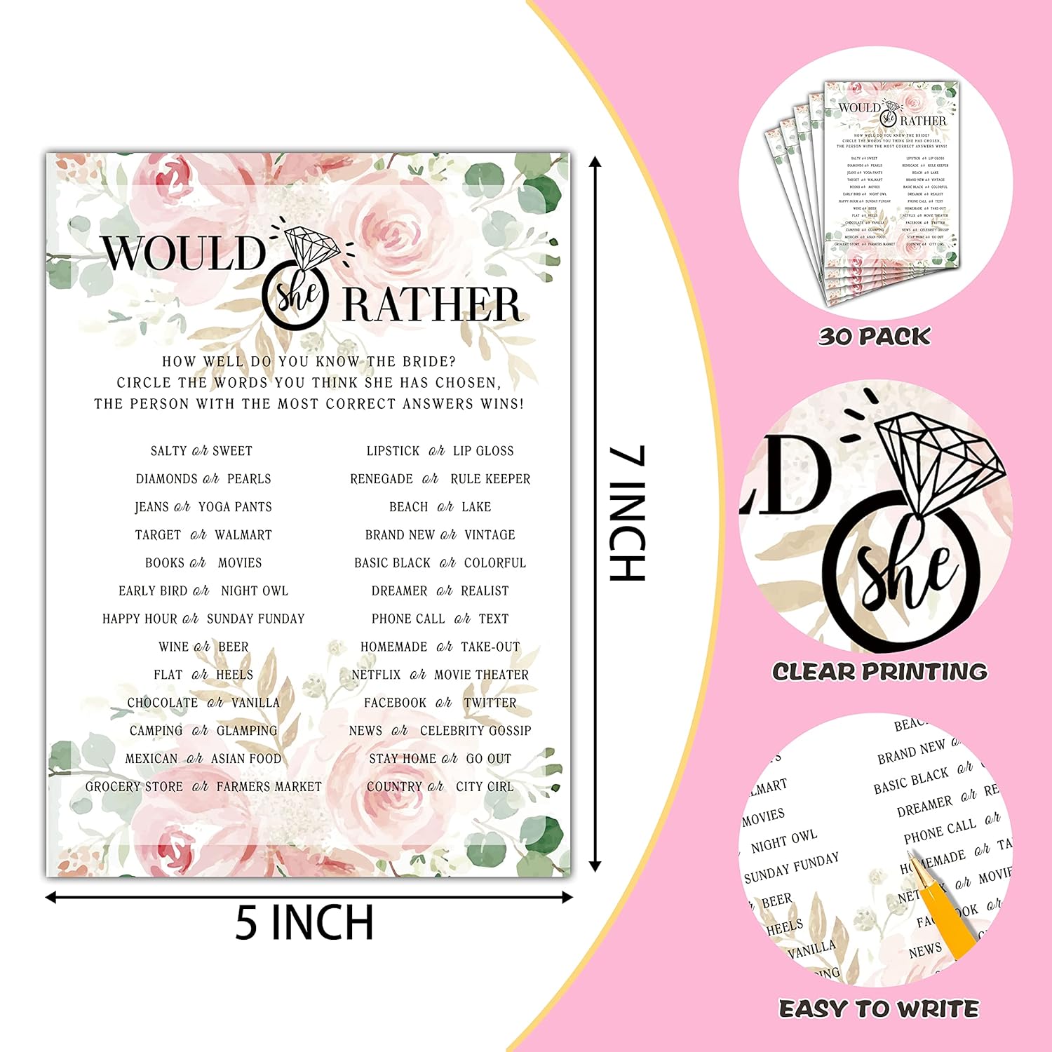 Bridal Shower Game Set - Would She Rather Party Cards For Wedding - Floral Wedding Party Favor Decor - Blush Pink Engagement/Bachelorette Party Games Supplies & Activities - 30 Game Cards(C02)