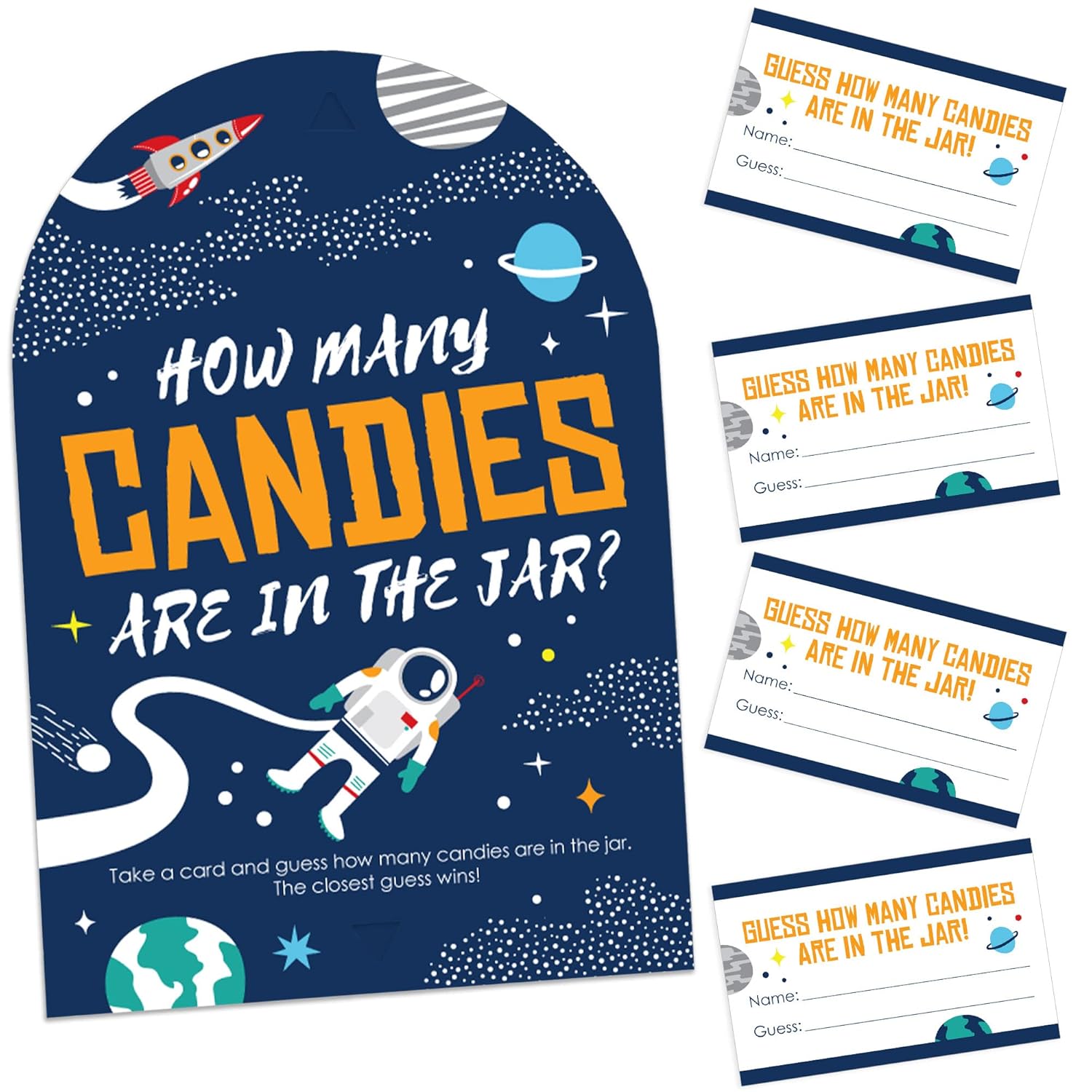 Big Dot of Happiness Blast Off to Outer Space - How Many Candies Rocket Ship Baby Shower or Birthday Party Game - 1 Stand and 40 Cards - Candy Guessing Game