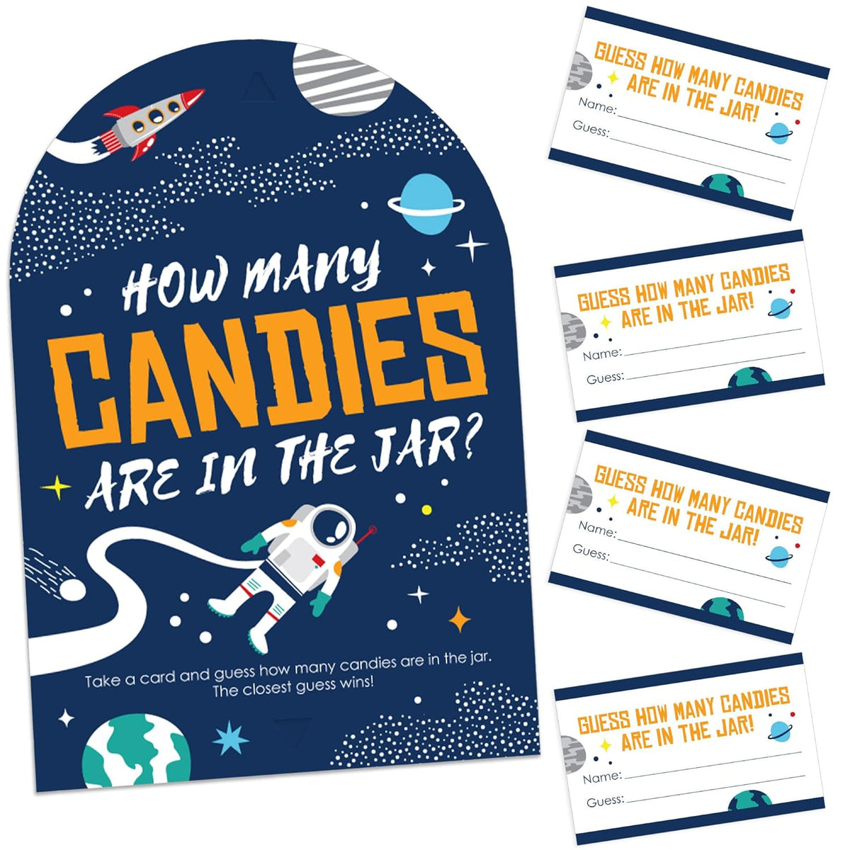 Big Dot of Happiness Blast Off to Outer Space - How Many Candies Rocket Ship Baby Shower or Birthday Party Game - 1 Stand and 40 Cards - Candy Guessing Game
