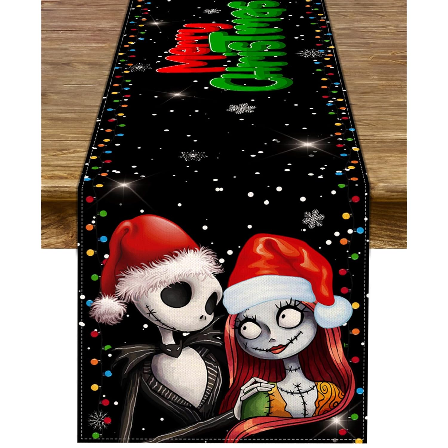 Merry Christmas Table Runner Jack Skellington And Sally Birthday Party Decoration Home Kitchen Dining Room Deocr (Black, 13" X 72")