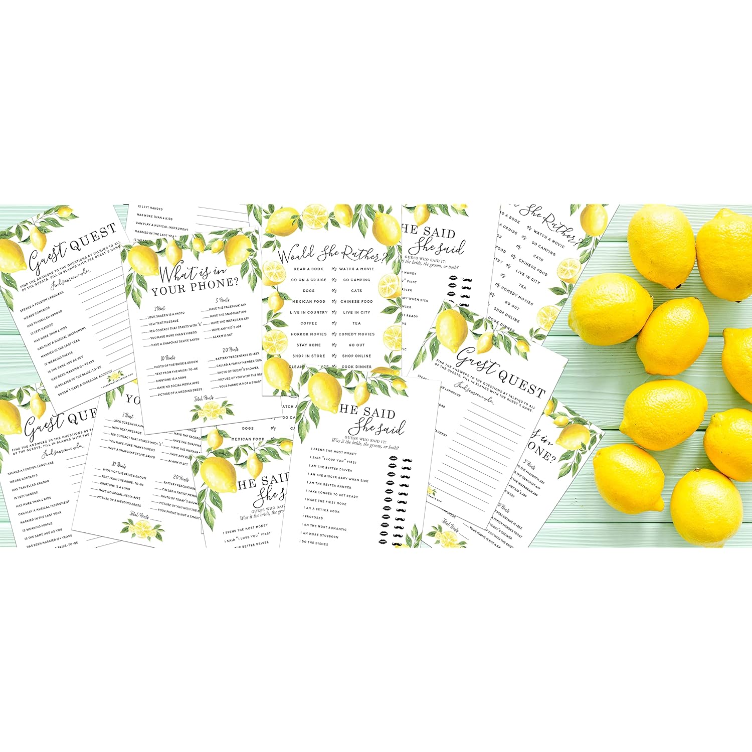 Lemon Bridal Shower Bachelorette Games - Floral He Said She Said, Find The Guest, Would She Rather, What'S In Your Phone - 25 Games Each, 1 Game Per Side