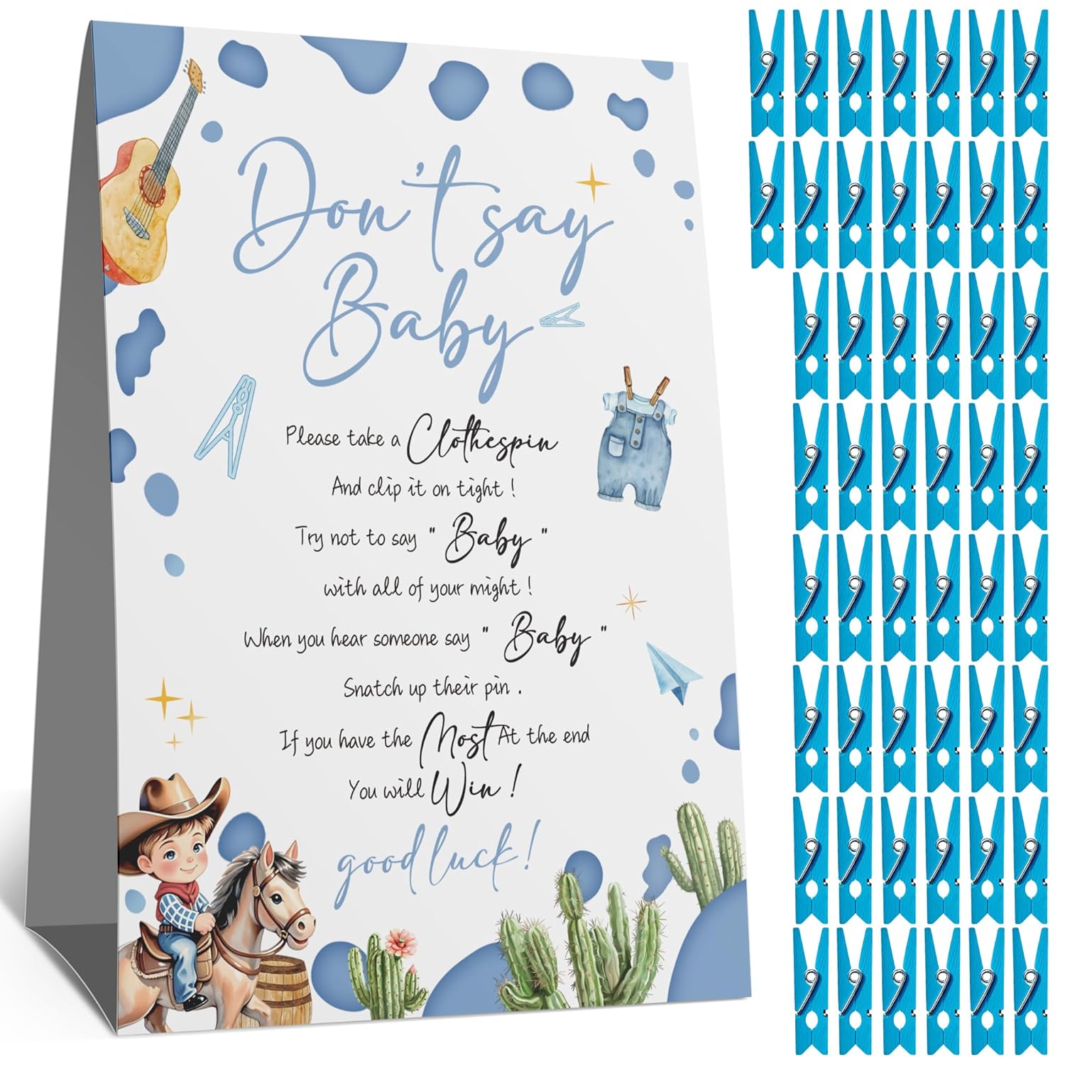 Cowboy Don'T Say Baby Sign, Western Party Game For Boys It'S A Boy Sign With 50 Mini Clothespins Rustic Cowboy Baby, Blue & Brown Western Theme