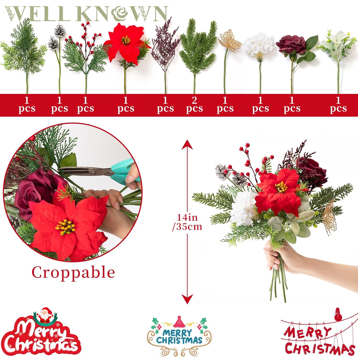 11 Pcs Artificial Christmas Flowers Bouquet Pine Branches 14" Red Poinsettias Flowers Faux Greenery Spary Stems Red Berry Pine Cones Fake Cedar Picks For Diy Crafts Tabletop Winter Home Party Decor