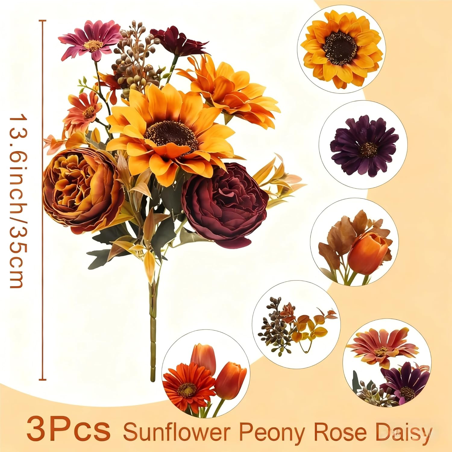3Pcs Artificial Fall Flowers Faux Mums Sunflower Burgundy Fake Peony Silk Rose Hydrangea Flower For Diy Wedding Bridal Bouquet,Thanksgiving Party Table Centerpieces,Autumn Arrangement Vase Decoration