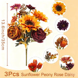 3Pcs Artificial Fall Flowers Faux Mums Sunflower Burgundy Fake Peony Silk Rose Hydrangea Flower For Diy Wedding Bridal Bouquet,Thanksgiving Party Table Centerpieces,Autumn Arrangement Vase Decoration