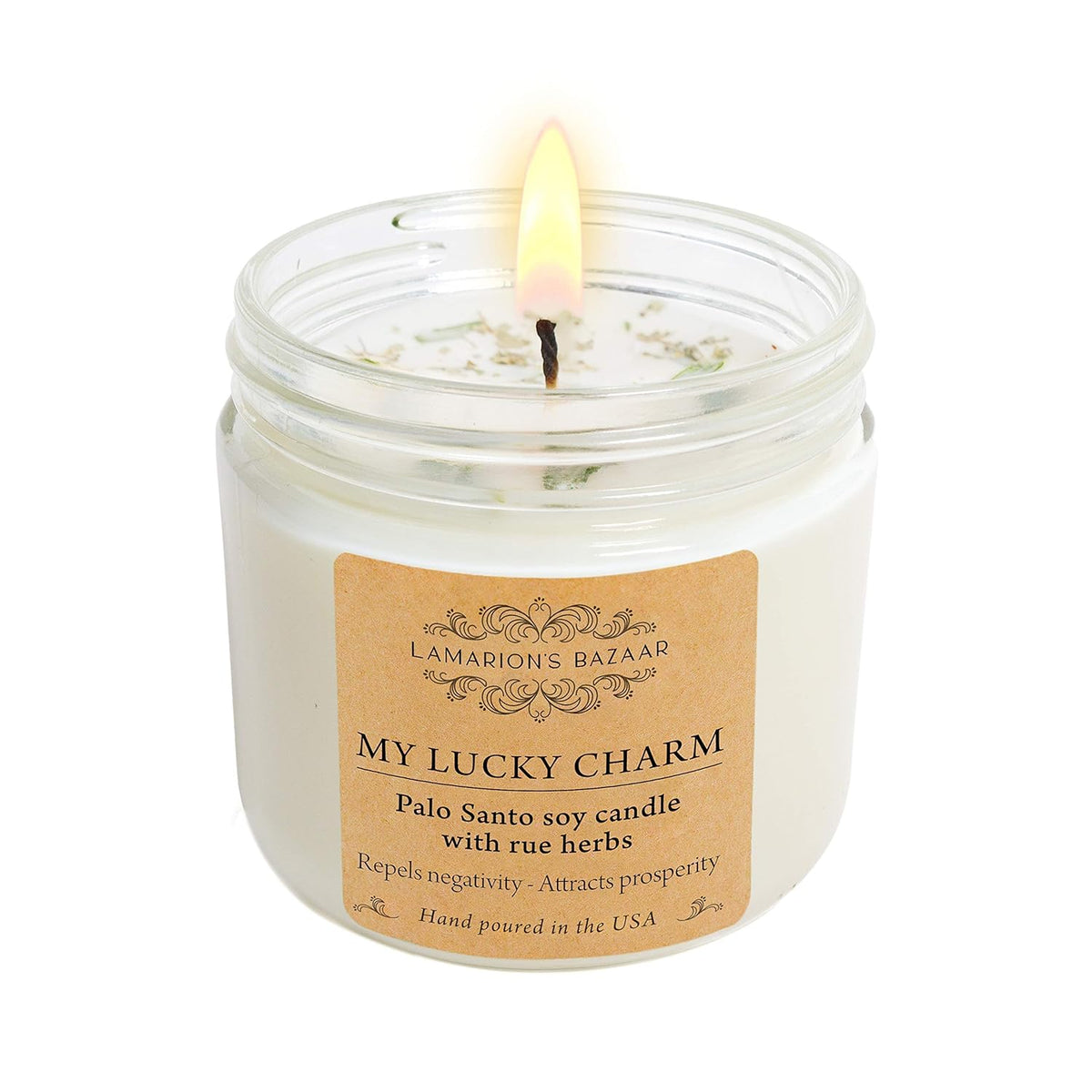 My Lucky Charm - Cleansing Palo Santo With Rue (Ruda) Herbs - Large Candle For Healing, Good Luck And Protection - 12 Oz. Soy Candle In A Kraft Box