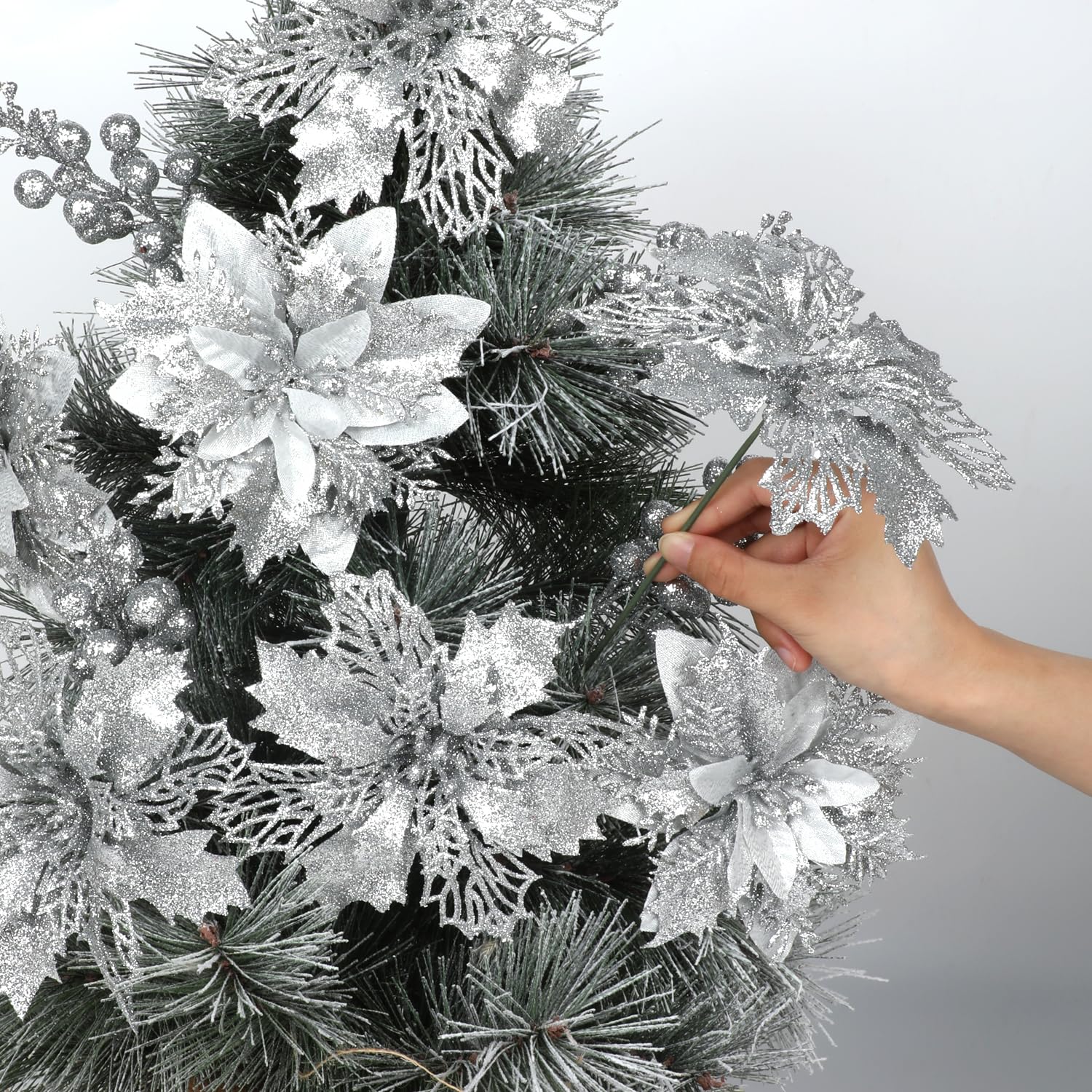 22 Pcs Silver Christmas Poinsettia Artificial Flowers And Glitter Berries Stems Kit, Christmas Poinsettias Decorations And Christmas Tree Ornaments For Xmas Home Wedding Holiday Tree Decor
