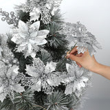 22 Pcs Silver Christmas Poinsettia Artificial Flowers And Glitter Berries Stems Kit, Christmas Poinsettias Decorations And Christmas Tree Ornaments For Xmas Home Wedding Holiday Tree Decor