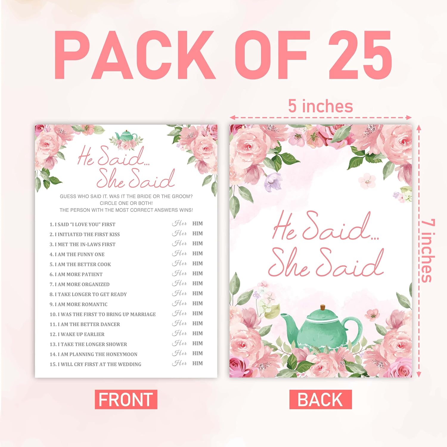 Bridal Shower Games, Blush Pink Floral Wedding Party Games, Bachelorette Party Games, Engagement Party Game Ideas, Tea Party Decor Supplies Favors, (25 Cards) -04